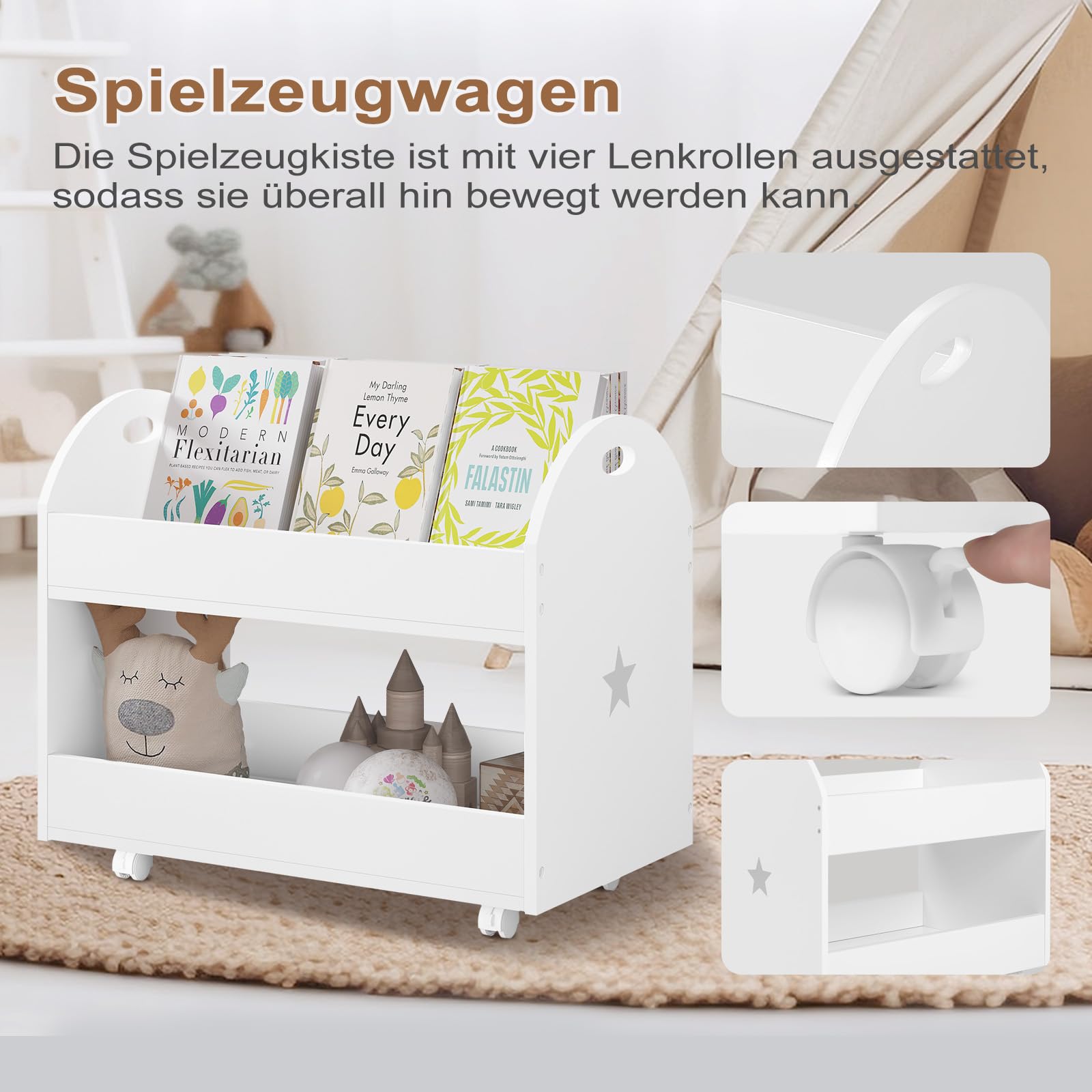 Lestarain Spielzeugkiste mit Rollen, Kinderzimmer Regal, Spielzeugregal mit 2 Ebenen, bewegliches Aufbewahrungsregal, Kinderregal für Bücher Spielzeug