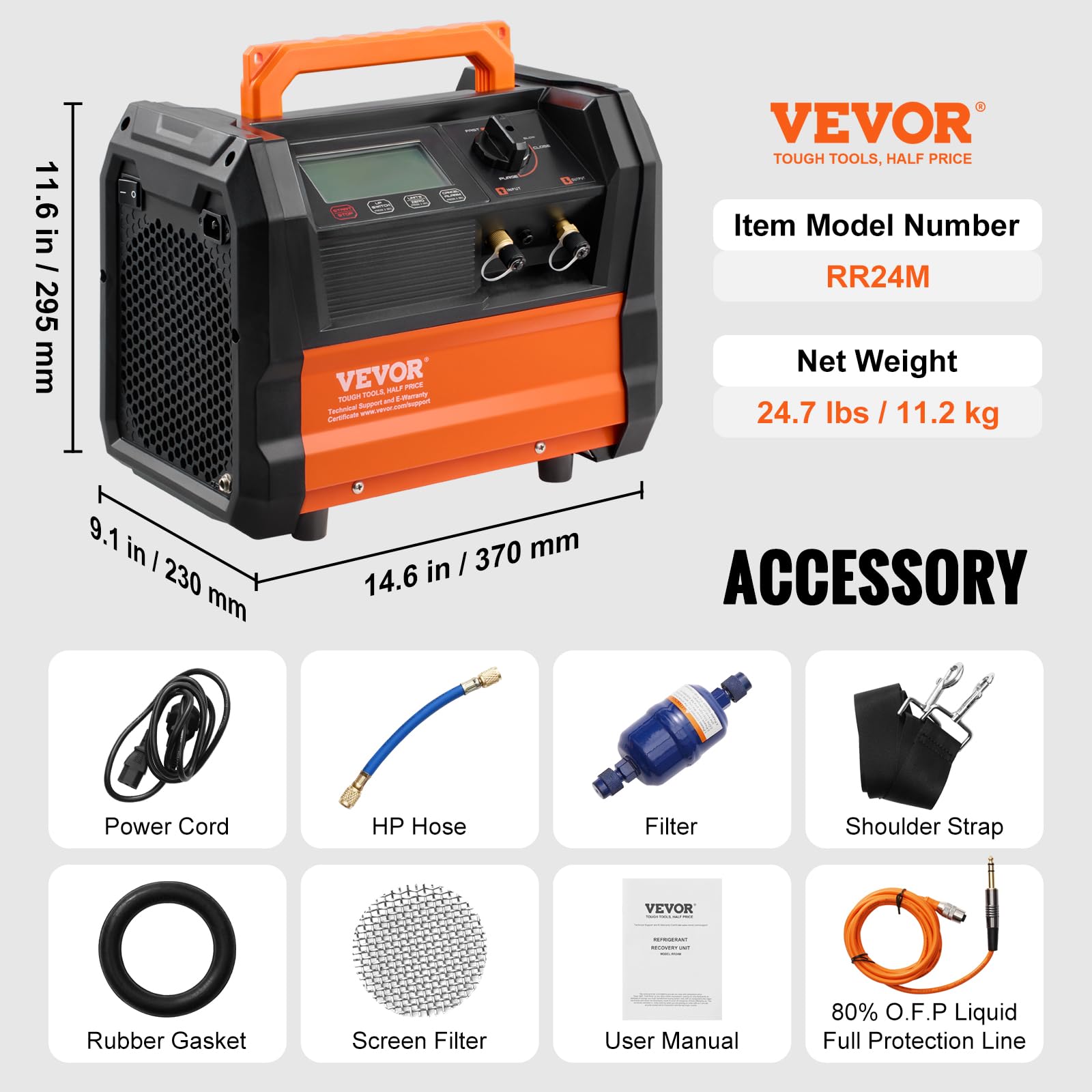 VEVOR Macchina Recupero Refrigerante AC Portatile 1 HP Motore Brushless 3000 Giri/min Strumento Riciclaggio Freon HVAC