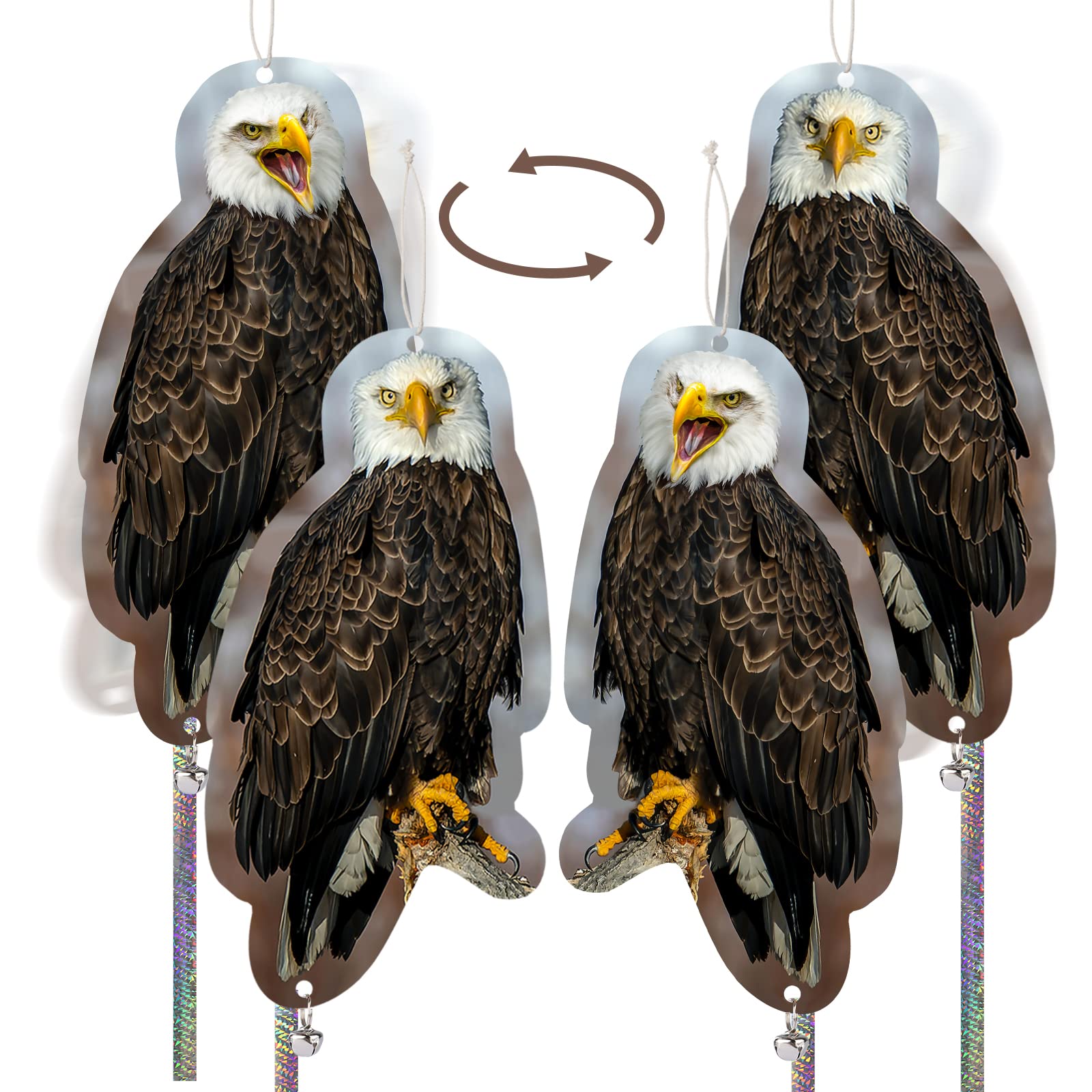 4 Pack Fake Owl Hanging Decorations - Reflective Bird Scare Devices For Garden & Patio With Tape & Bells