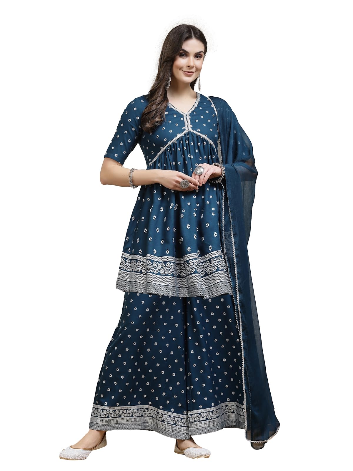 Stylum Women's Ethnic Motif Printed Rayon Naira Cut Kurta Palazzo Dupatta Set (Kpdtealsanjh40, Teal, L)