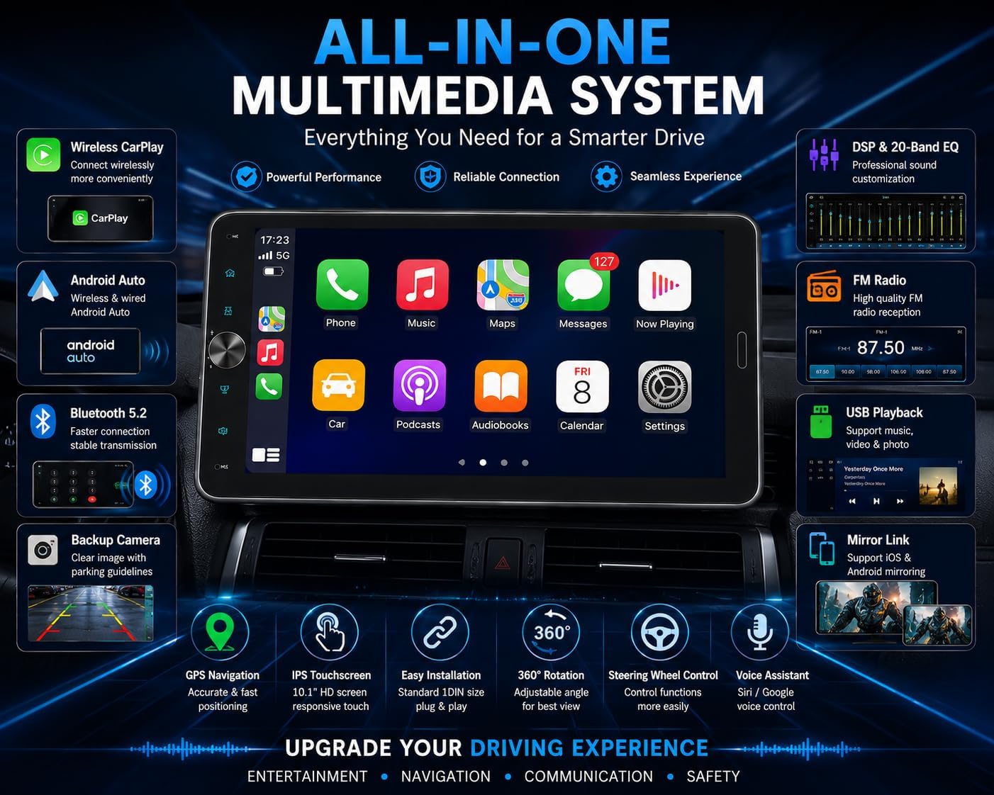 10.1 Inch Single DIN Car Stereo with Wireless CarPlay, Bluetooth 5.2, 720x1280 IPS Rotatable Touchscreen, FM AM RDS Radio with Android Auto, USB/Type-C Fast Charging, Backup Camera, Hands-Free Calling