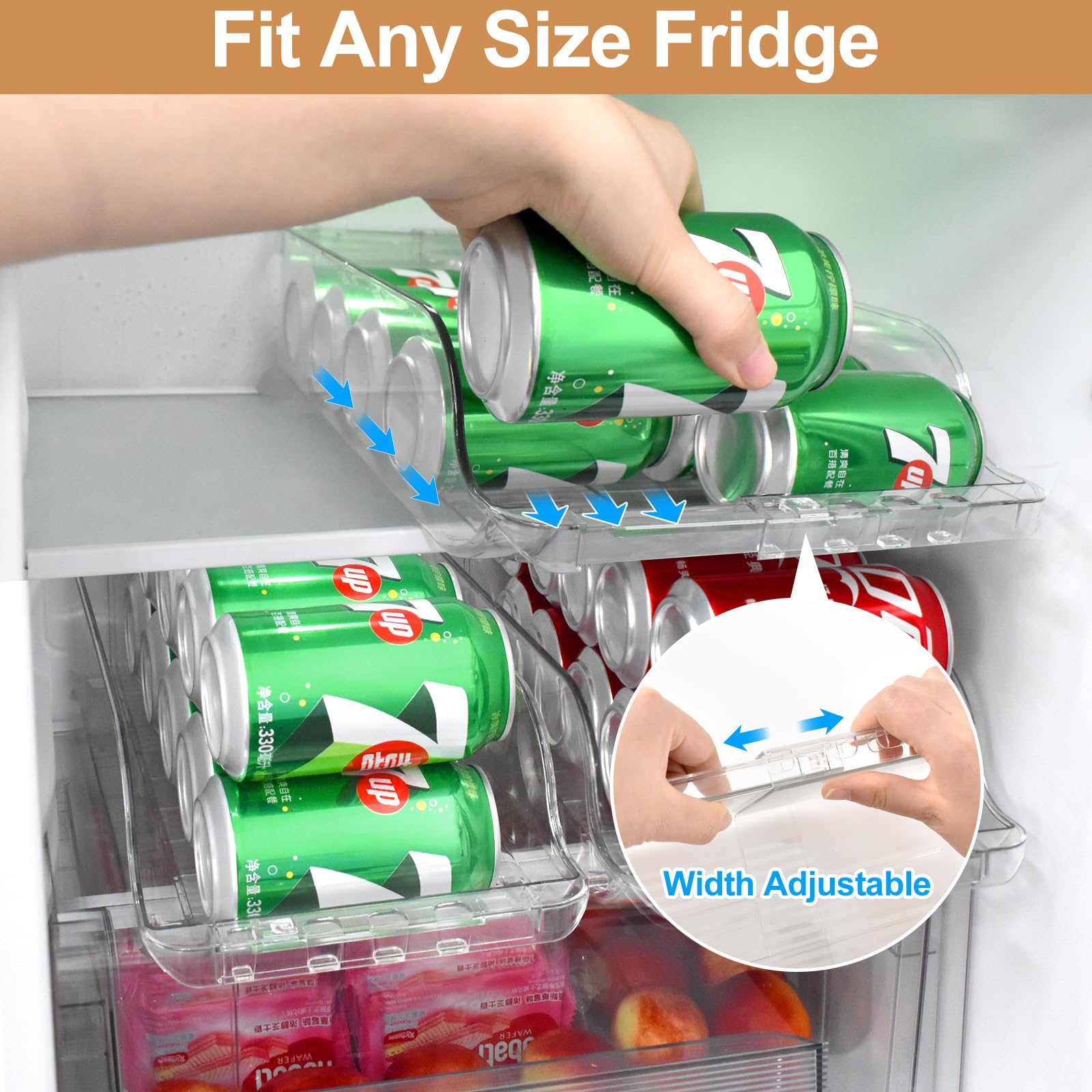 Blaithom Soda Can Organizer, Width Expandable Soda Can Dispenser for Refrigerator, Pantry, Maximum Holds 18 Cans Each, BPA-Free, Clear Design Refrigerator Organizers and Storage Can Holders, 2packs