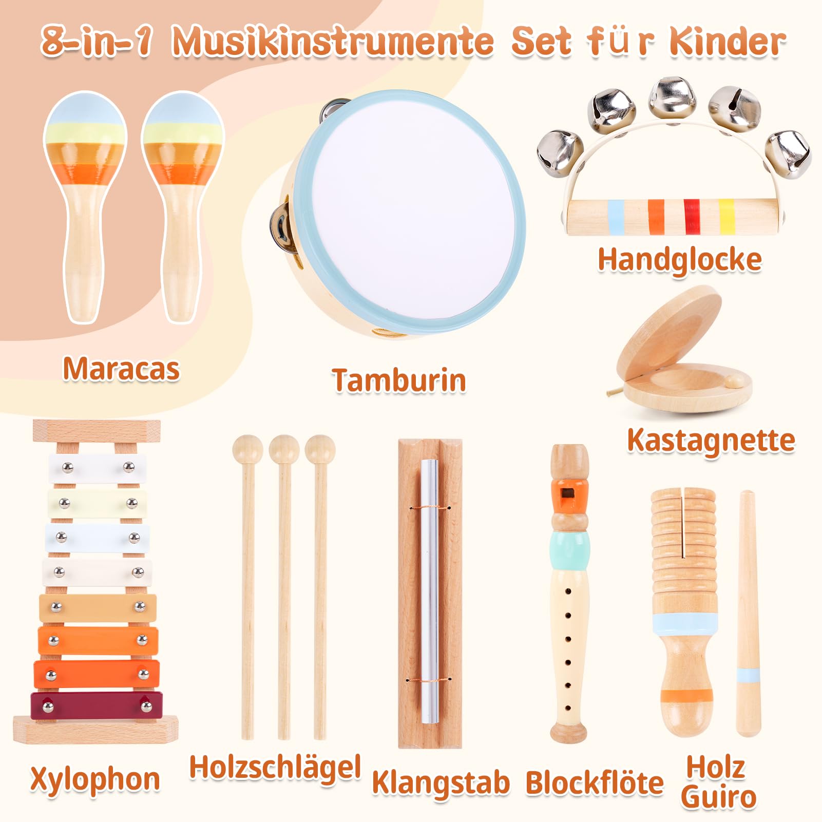 ATOYUS Montessori Musikinstrumente Spielzeug für Kinder ab 1 Jahr, Holz Schlaginstrumente für 1-3 Jährige Jungen und Mädchen, mit Xylophon, Maracas, Geschenk zum 1. Geburtstag & zu Weihnachten