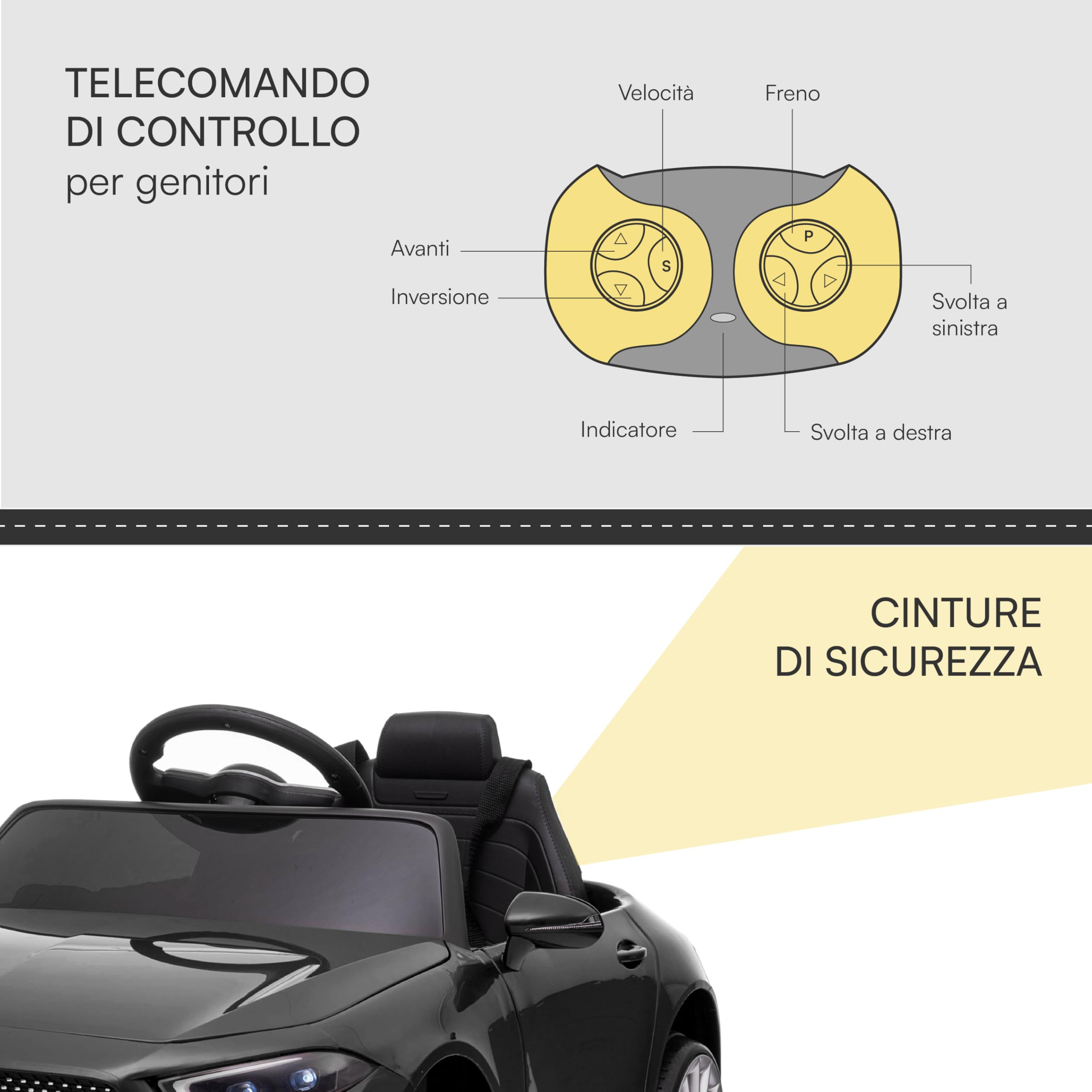 Baroni Toys Macchina Elettrica per Bambini Mercedes AMG Baby car Elettrica Full Optional Nera, Auto Telecomandata con Sedile in Plastica e Porte Apribili, Battera 12V, Carico fino a 30 Kg