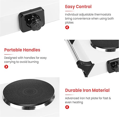 Miniatura 6 de Moclever Placa de cocción eléctrica portátil para encimera, quemador individual con 5 ajustes de temperatura y asas que se mantienen frescas, estufa