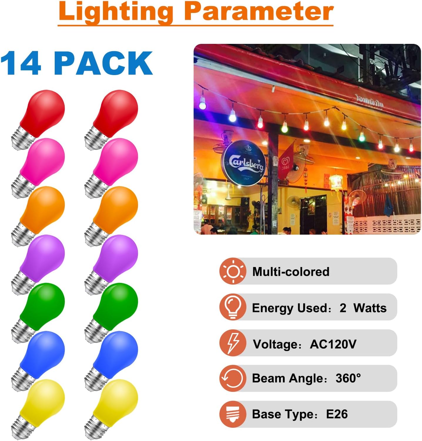 Colored Light Bulbs,2W E26 Color LED Lights Bulb,Small E26 Colored Bulbs for Outdoor Indoor,Multicolor,Red Yellow Blue Green Orange Pink Purple,for Halloween Party Christmas Bedroom,Pack of 14