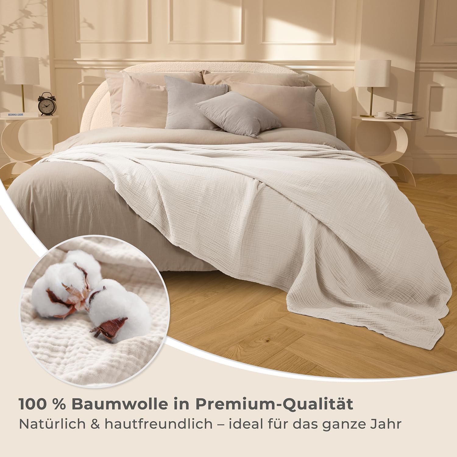 LAYNENBURG Premium Musselin Tagesdecke 180x220 cm - 100% Baumwolle - extraweiche Baumwolldecke als Kuscheldecke, Bett-Überwurf, Sofa-Überwurf, Couch-Überwurf - warme Sofa-Decke (Creme)
