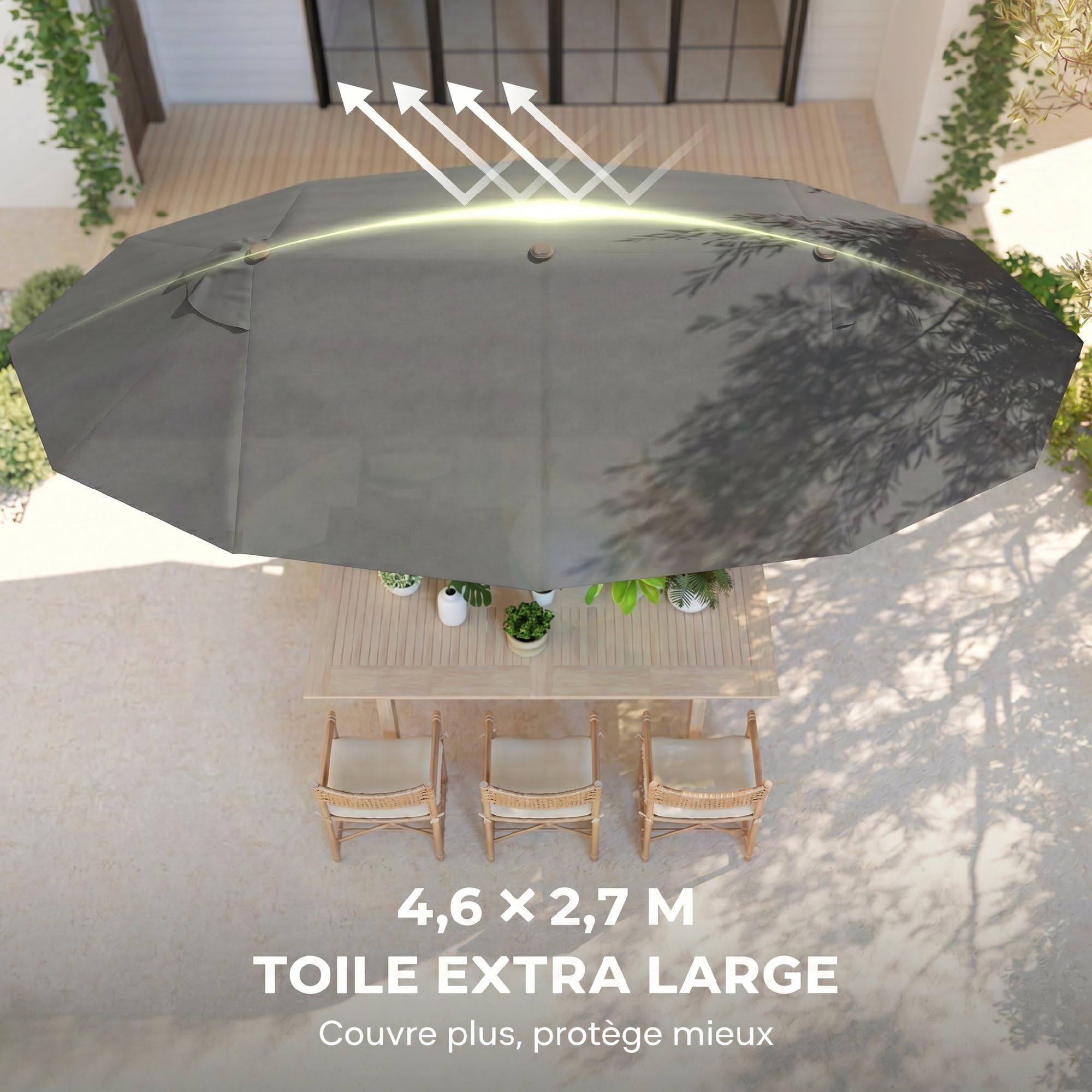 Outsunny Parasol de jardin exterieur parasol double 4,6L x 2,7l x 2,4H m ouverture fermeture manivelle acier polyester haute densité gris