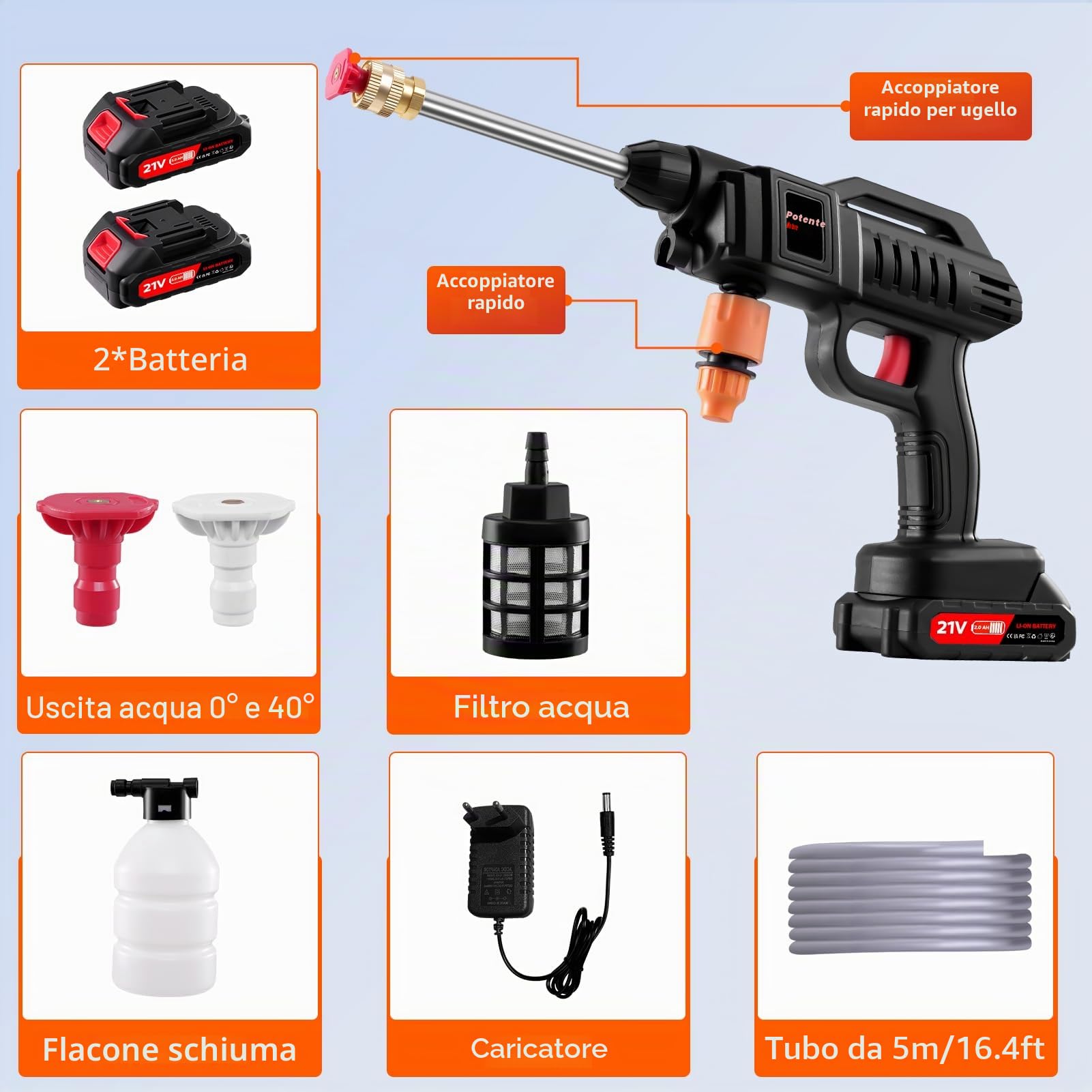 Idropulitrice portatile ad alta pressione a batteria, 21V, senza fili, per auto a mano con 2 ugelli, pulitore potente per irrigazione, pulizia, lavaggio auto, 2 batterie, 60 bar