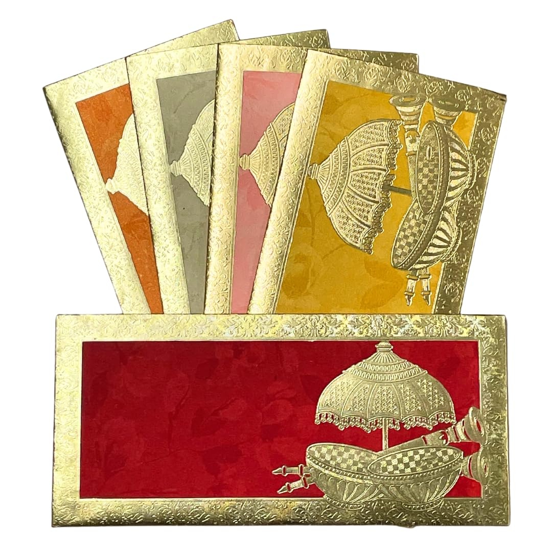 Vanya Creations Pack of 25, Rectangle Shape Metallic Paper Shagun Envelopes for Gifting Cash Sagan Lifafa Wedding Occasion Money, 19 X 9 cm, Multicolored 5 Colors of 5 Each - Dhol Shehnai Design-image-7