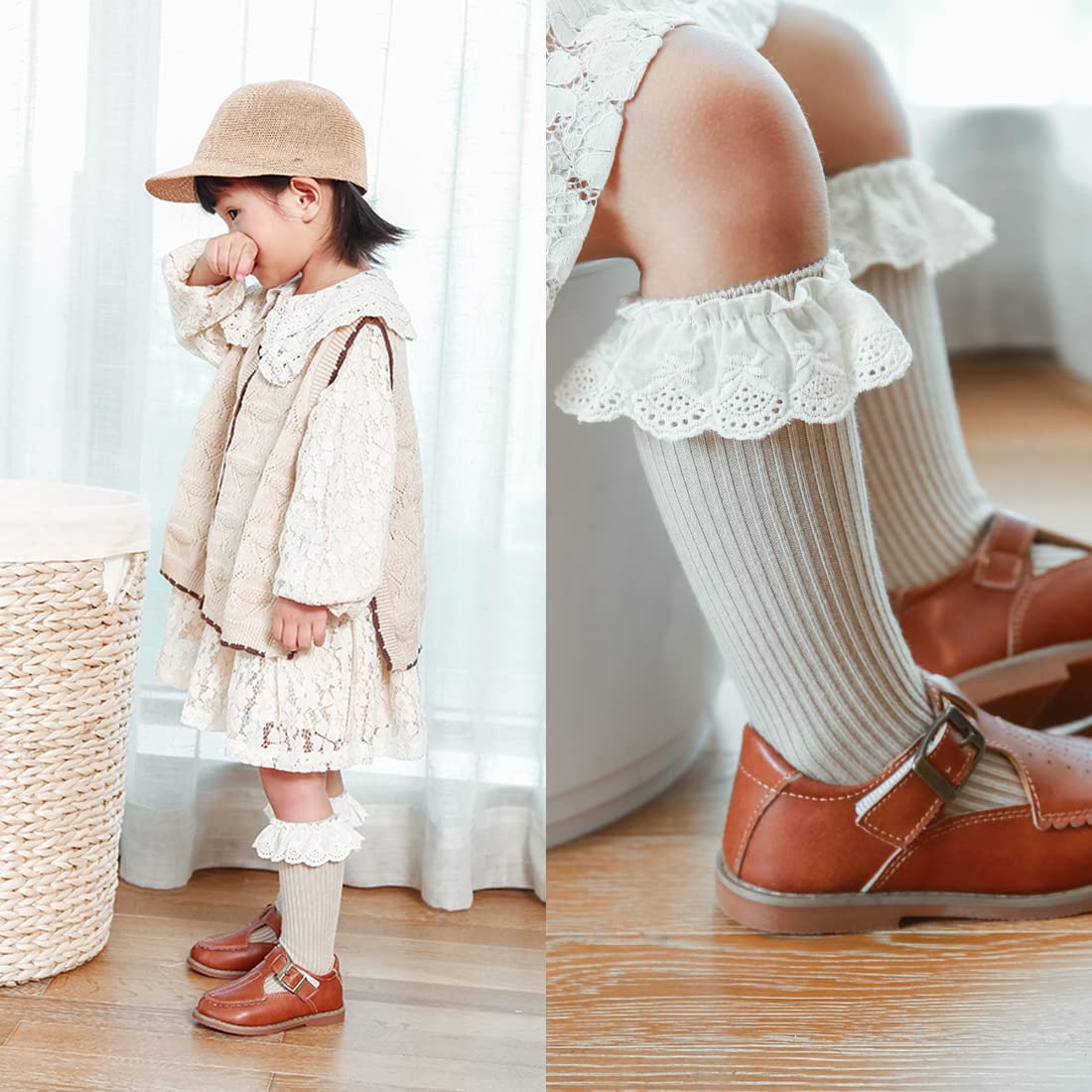 HOUSEYUAN Calcetines largos con volantes para bebés y niñas, hasta la rodilla, para recién nacidos, con encaje, con volantes, para niñas de 6 a 12 meses