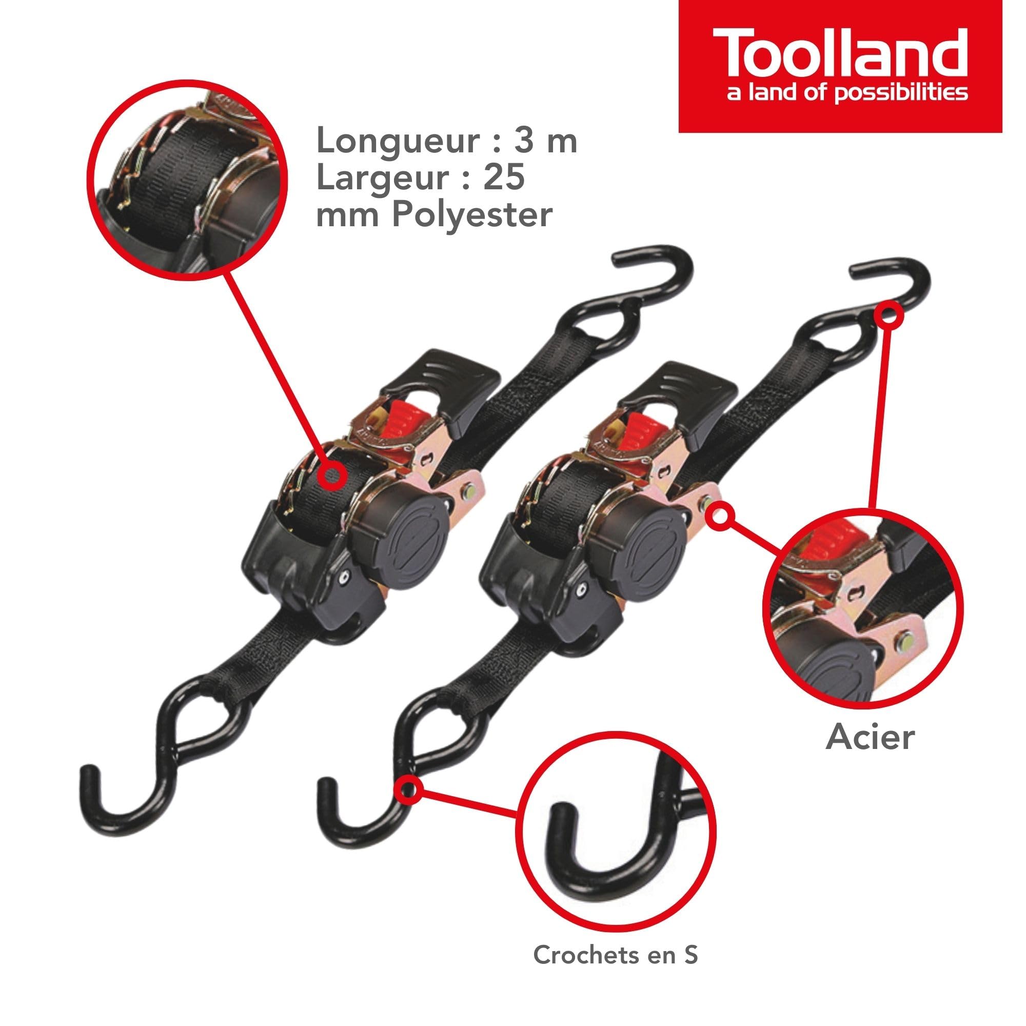 Toolland Jeu de Sangles d'arrimage, en 2 Parties, Lot de 2, avec tendeur à cliquet et Crochets en S, rétraction Automatique, pour l'arrimage des Charges, Max. 300 kg, Polyester, Noir, 25 mm x 3 m