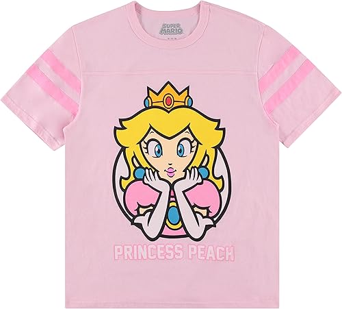 Nintendo Ladies Princess Peach Shirt - Mario, Zelda, Kirby, Princess Peach and Donkey Kong Varsity Stripe Sleeve Athletic Tee