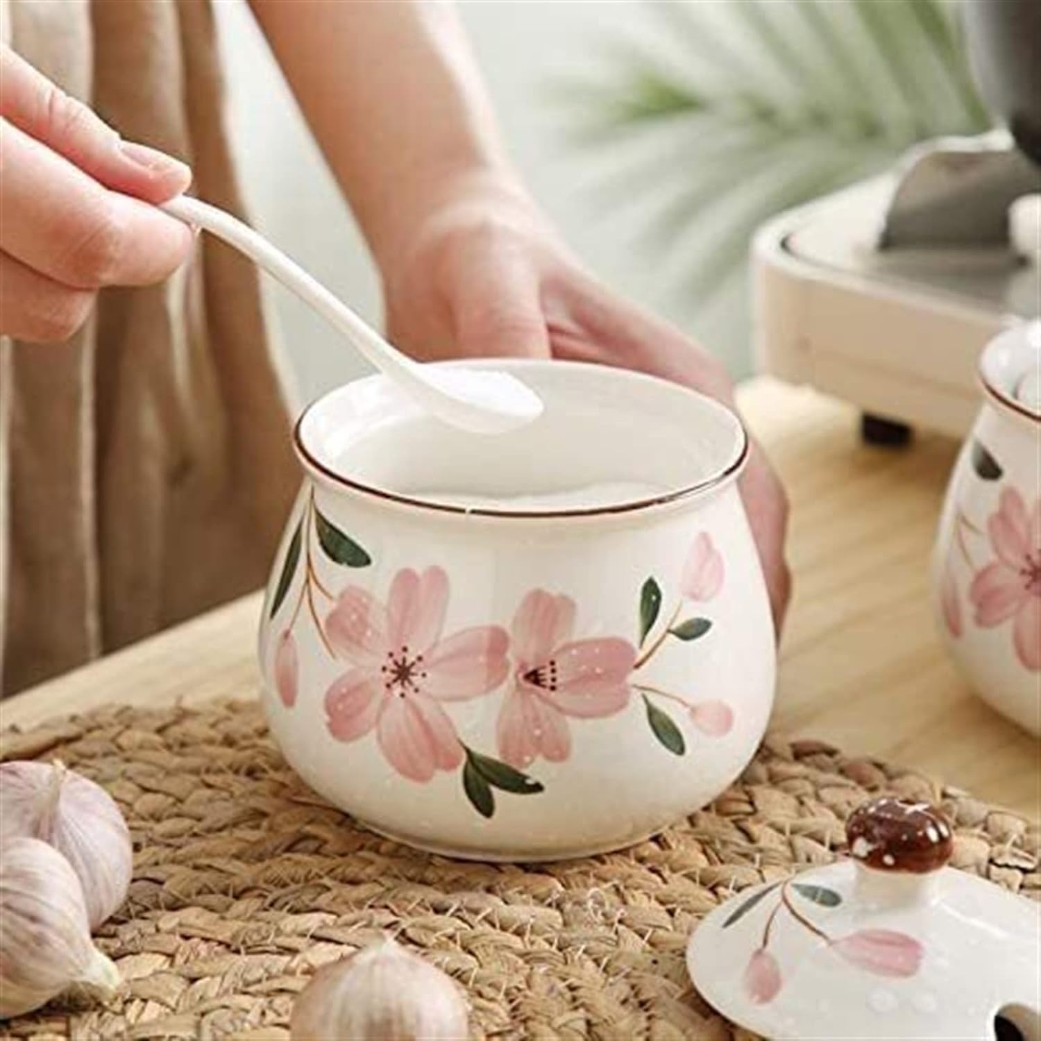 Bocal à épices, bol à sucre, tasse à sucre de fleur japonaise peinte à la main en céramique avec couvercle cuillère