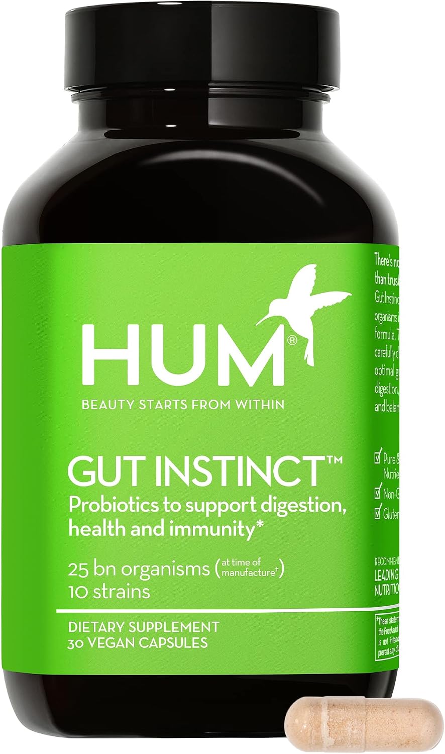 HUM Gut Instinct - Daily Probiotics for Digestive Health - Lactobacillus + Bifidobacterium Strains for Bloating, Immune Support + Healthy Gut Diversity (30 Capsules)