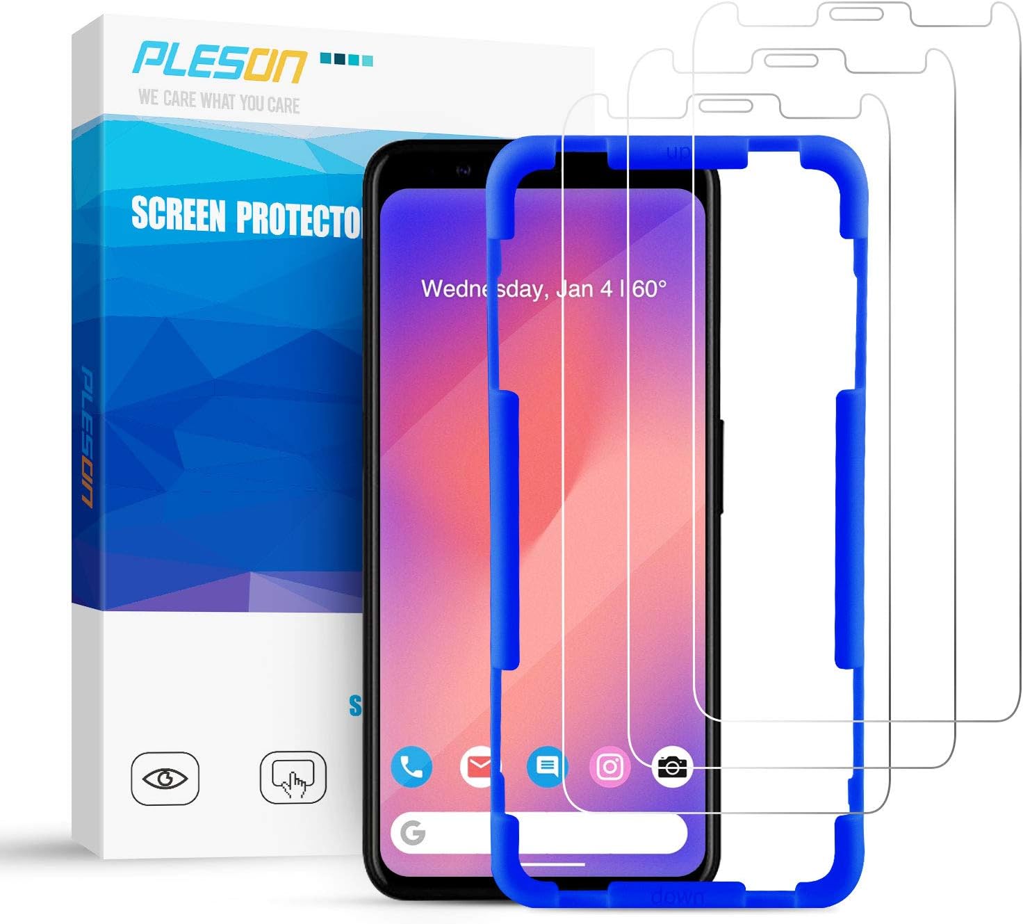 Pleson Google Pixel 4 XL Screen Protector [Easy Install] [LIFETIME Replacement][Case Friendly][3 Pack] Full Coverage/Bubble Free Tempered Glass Screen Protector Film for Google Pixel 4XL - 2019