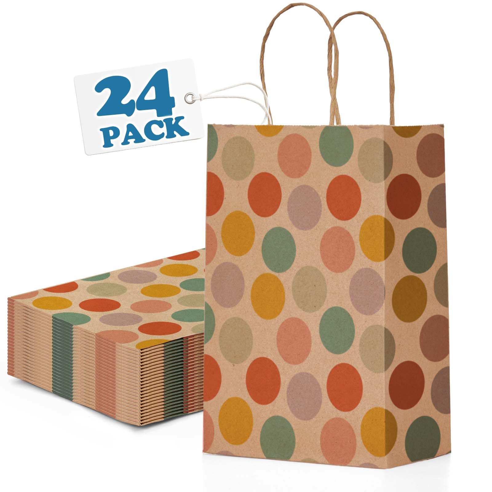 Switory Gift Bags, 24 PCS Party Bags Colourful Polka Dots Brown Paper Bags with Handles for Party Favours, Valentine, Birthday, Wedding, Thanksgiving, Gift Packing 15X8X21CM