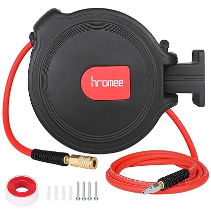 Hromee Air Compressor Hose Reel with Automatic Retractable Enclosed 3/8 Inch ? 50 Feet Hybrid Pneumatic Hose, Fittings and Swivel Mount Bracket MAX. 300PSI