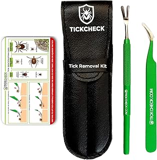 TickCheck Premium Tick Remover Kit - Stainless Steel Tick Remover + Tweezers, Leather Case, and Free Pocket Tick Identification Card (1)