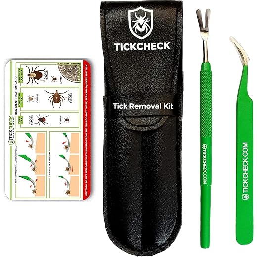 TickCheck Premium Tick Remover Kit - Stainless Steel Tick Remover + Tweezers, Leather Case, and Free Pocket Tick Identification Card (1)