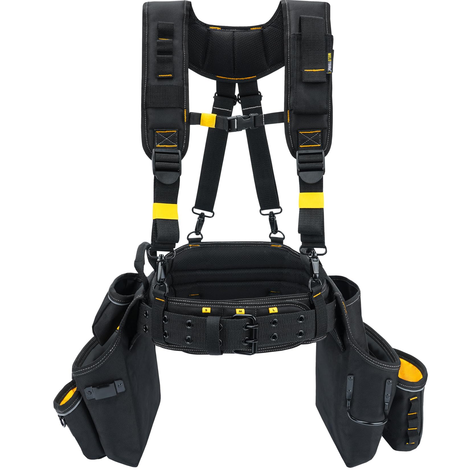 MELOTOUGH Ceinture à outils de charpentier avec bretelles, ceinture à outils professionnelle avec pochette à outils, bretelles avec 32 poches et boucles, convient pour tour de taille de 83,8 à 119,4