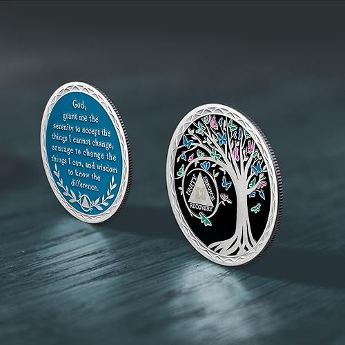 Miniatura 4 de CHURYUML Moneda de sobriedad de 21 años Árbol de la vida con chip de sobriedad AA Medallones de recuperación de fichas sobrias, regalos de sobriedad