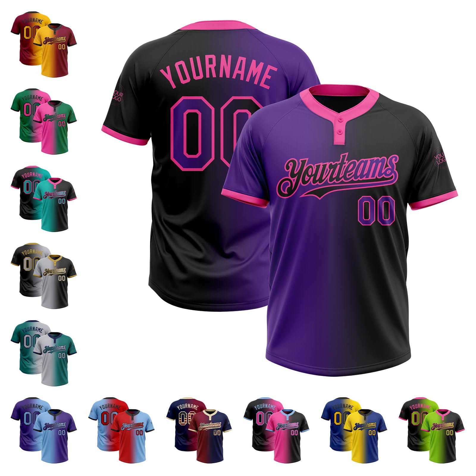 Custom Black Purple Pink Softball Jersey Youth Boys Girls, Design Two Button Baseball Group T-Shirts for Men Women, Stitched Personalized Fashion Gradient Team Uniforms for Matches Practice Tournament