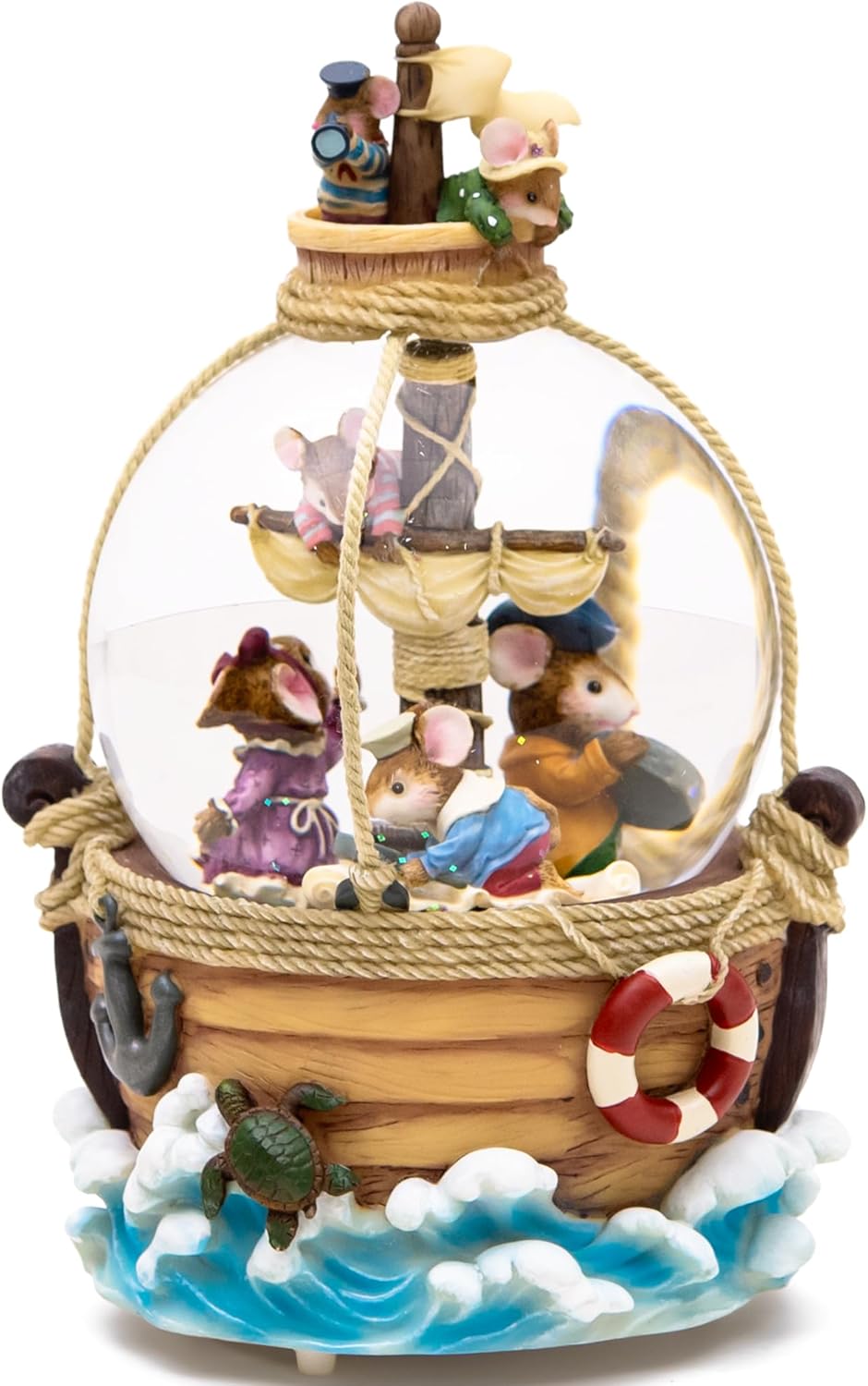 Musical Snow Globe Mice on Pirate Ship, Handcrafted Music Box, Warm Light, Vintage Nautical Decor, for Family, Holiday, Christmas, Birthday, Plays by The Beautiful Sea Melody