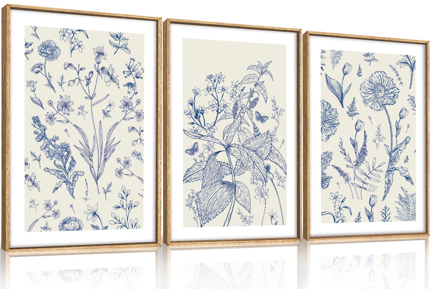 KAIRNE Blue White Chinoiserie Floral Framed Canvas Wall Art Set-24"x36"x3 | Watercolor Navy Flower Wall Decor,Minimalist Botanical Art Print,Modern Wildflower Artwork for Living Room,Bedroom,Office