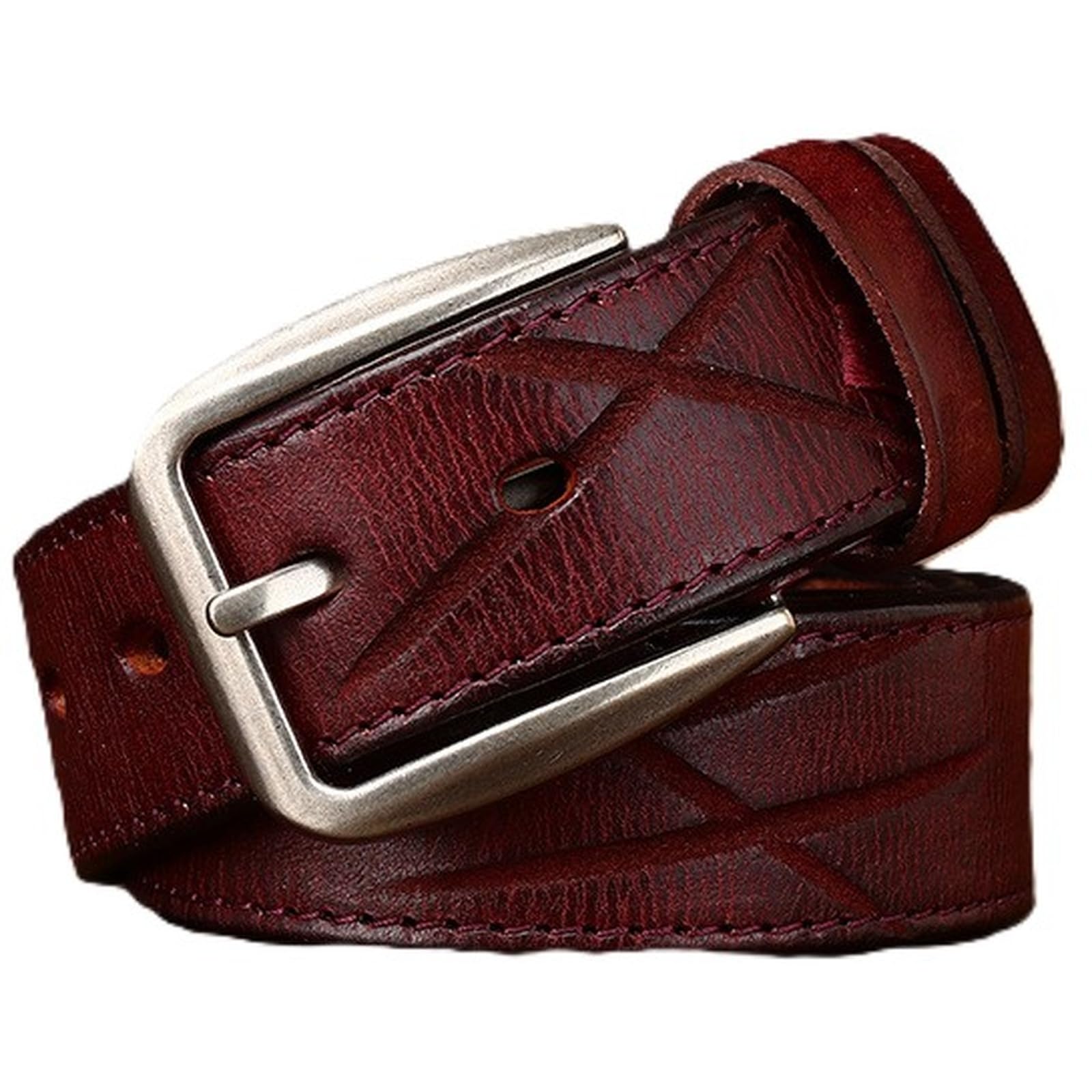 AGUTALITHIC Durable Cowhide Belt-Engraved Scratched Full-Grain Leather Hand Stitched Strap| Solid Buckle,Daily Wear,Gift Box(100cm/39, Red)