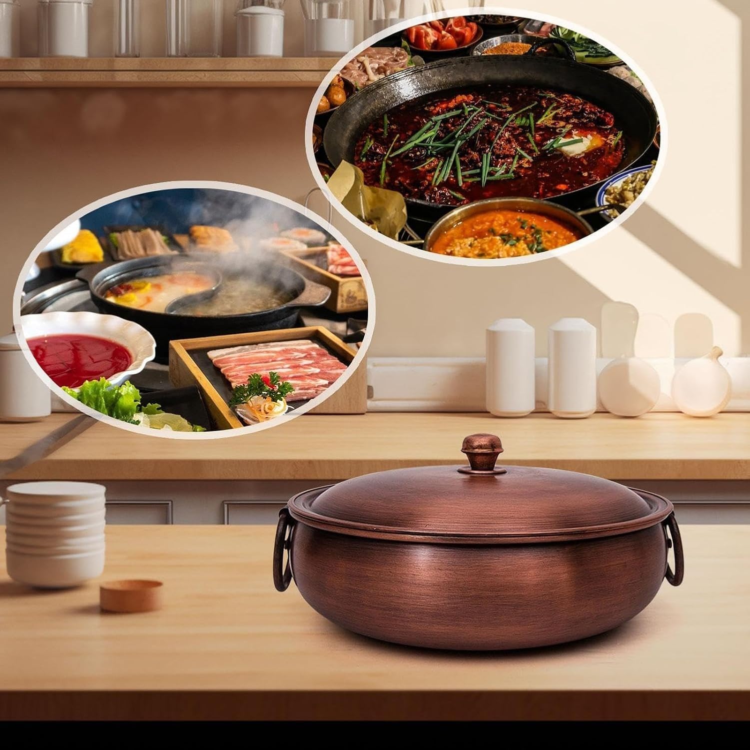 Pentola Rame per Hot Pot Chafing Dish Zuppa Bollente per Festa Regalo Cucina, 30cm, 30cm