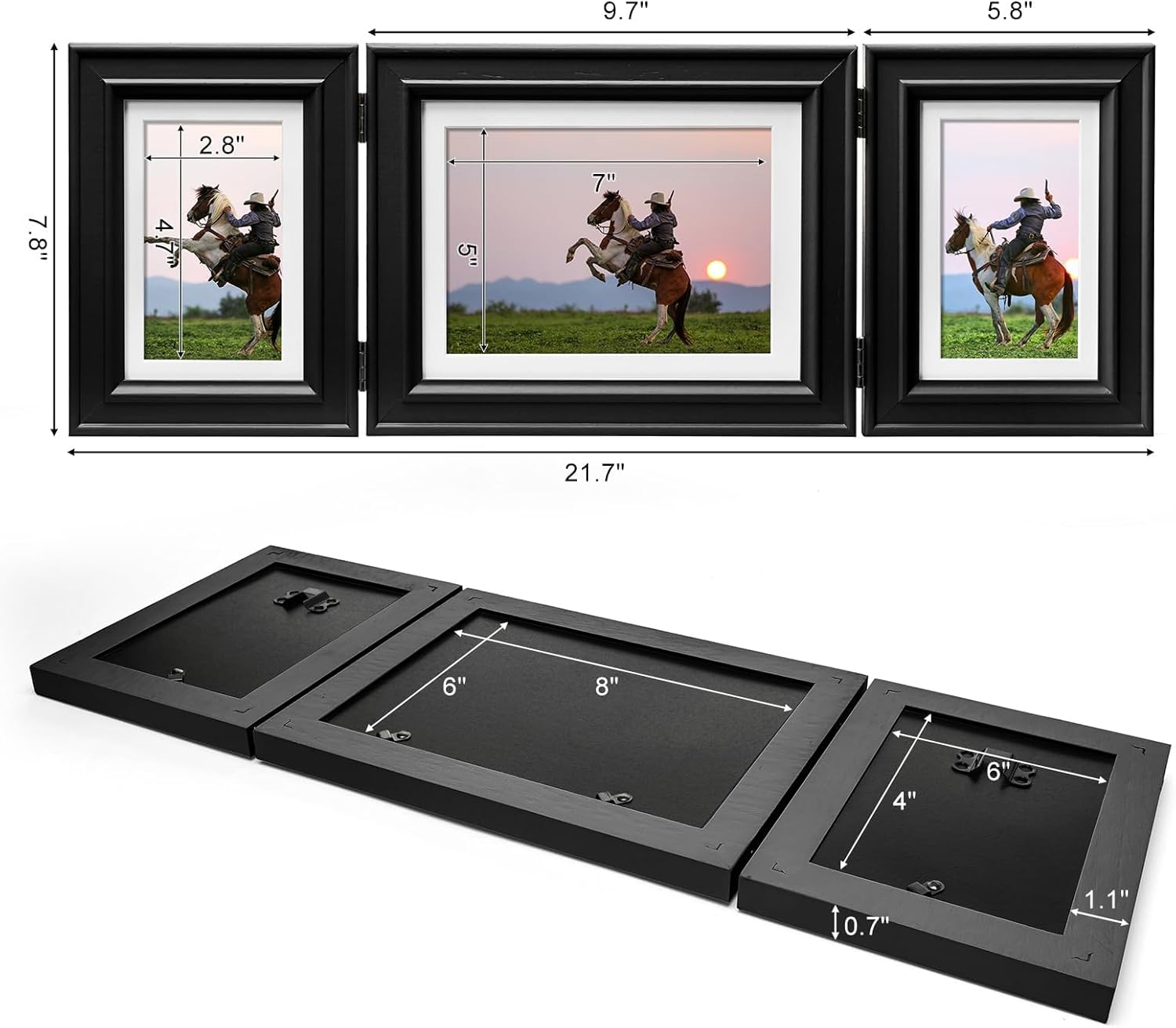 3 Picture Frame Trifold Hinged Pine Wood Photo Frame with Real Glass, Combo Display One 6x8 & Two 4x6 Photos Matted to 5x7/3x5, Free-Standing Desk Tabletop or Wall Decor, Black