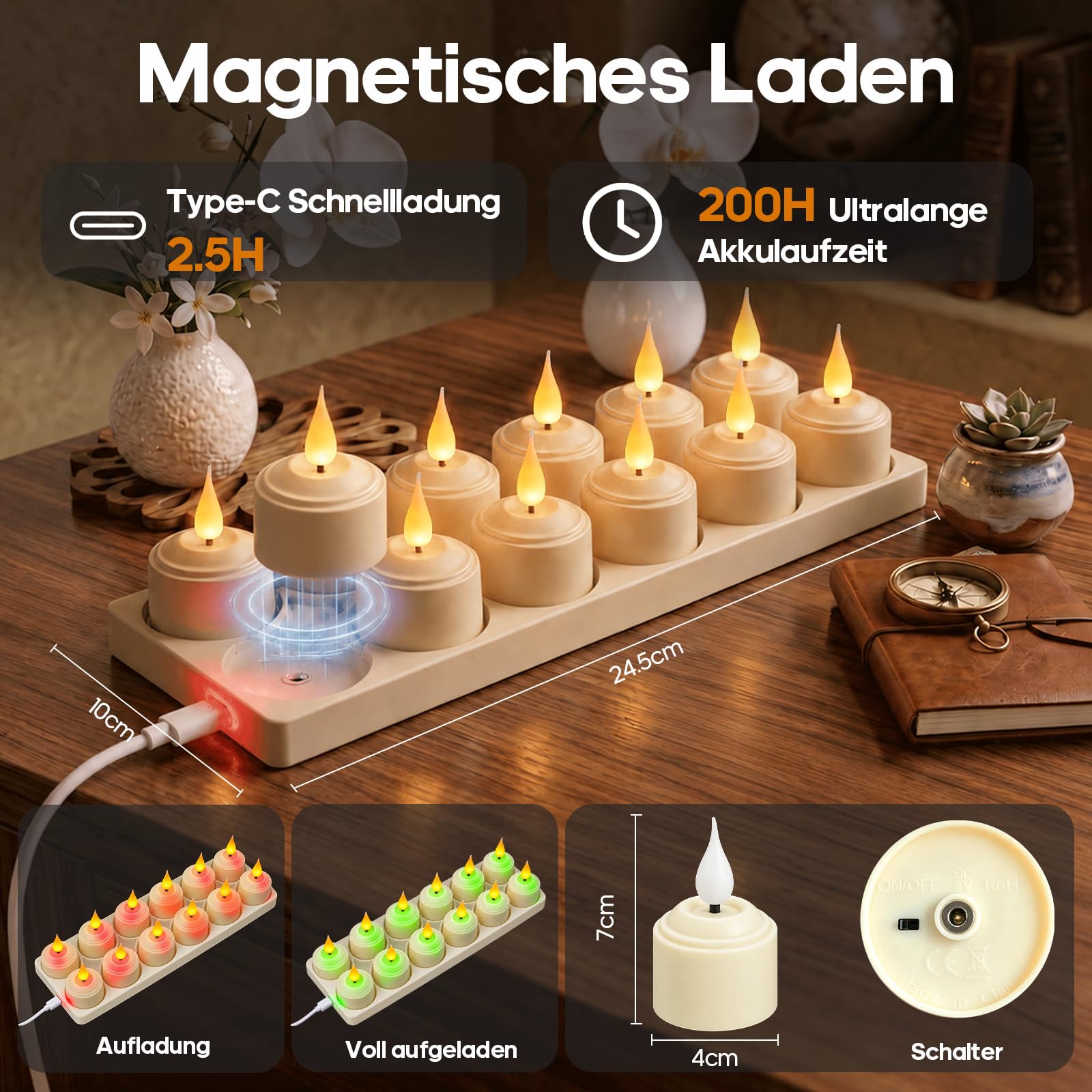 Lámparas de Té LED Recargables con Mando a Distancia, 200H, Temporizador, Llama Parpadeante, Regulables – Ideales para Fiestas, Salón y Decoración Navideña