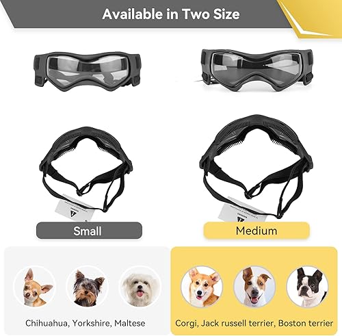 PETLESO Small Breed Dog Goggles, Sunglasses with UV Protection for Outdoor Riding & Driving, Black(Black,Medium)