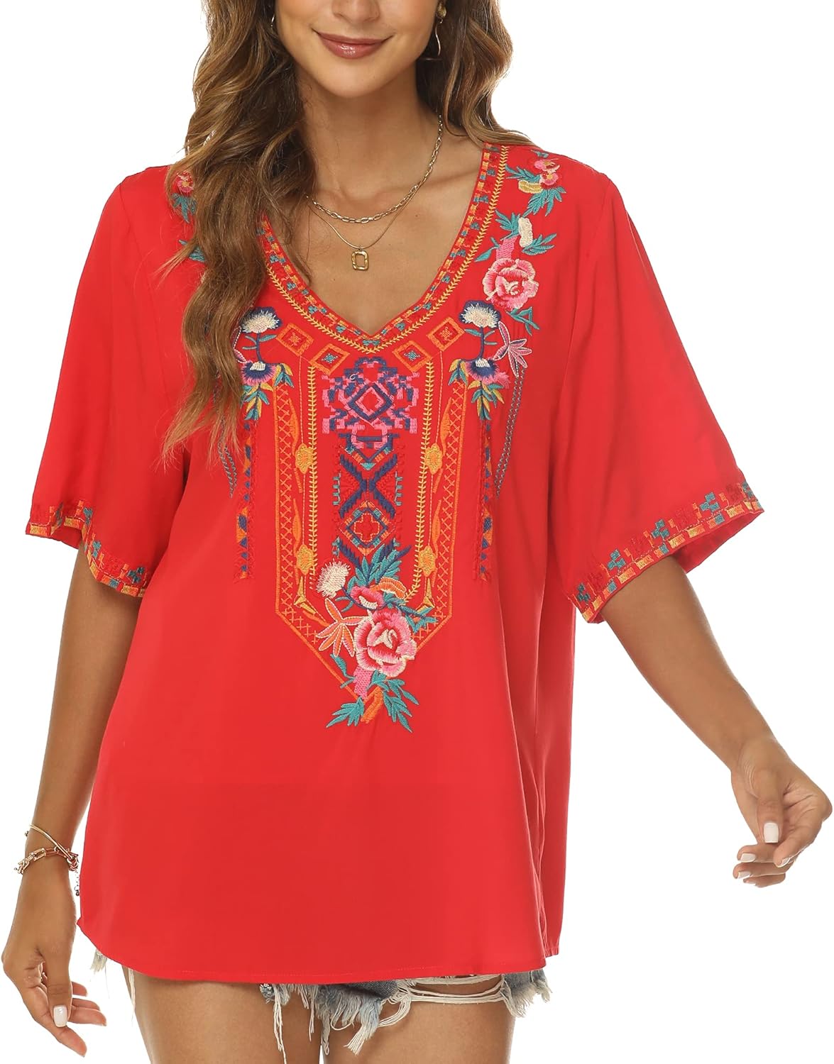 Grosy Plus Size Mexican Embroidered Peasant Blouse, Loose Fit Bohemian Short Sleeve Top for Women, Summer Vacation T-Shirt - Image 3