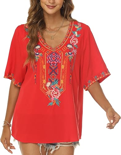 Miniatura 3 de Camisetas bordadas mexicanas para mujer, camisas bohemias de manga corta de verano, blusas campesinas, ajuste holgado, ropa hippie