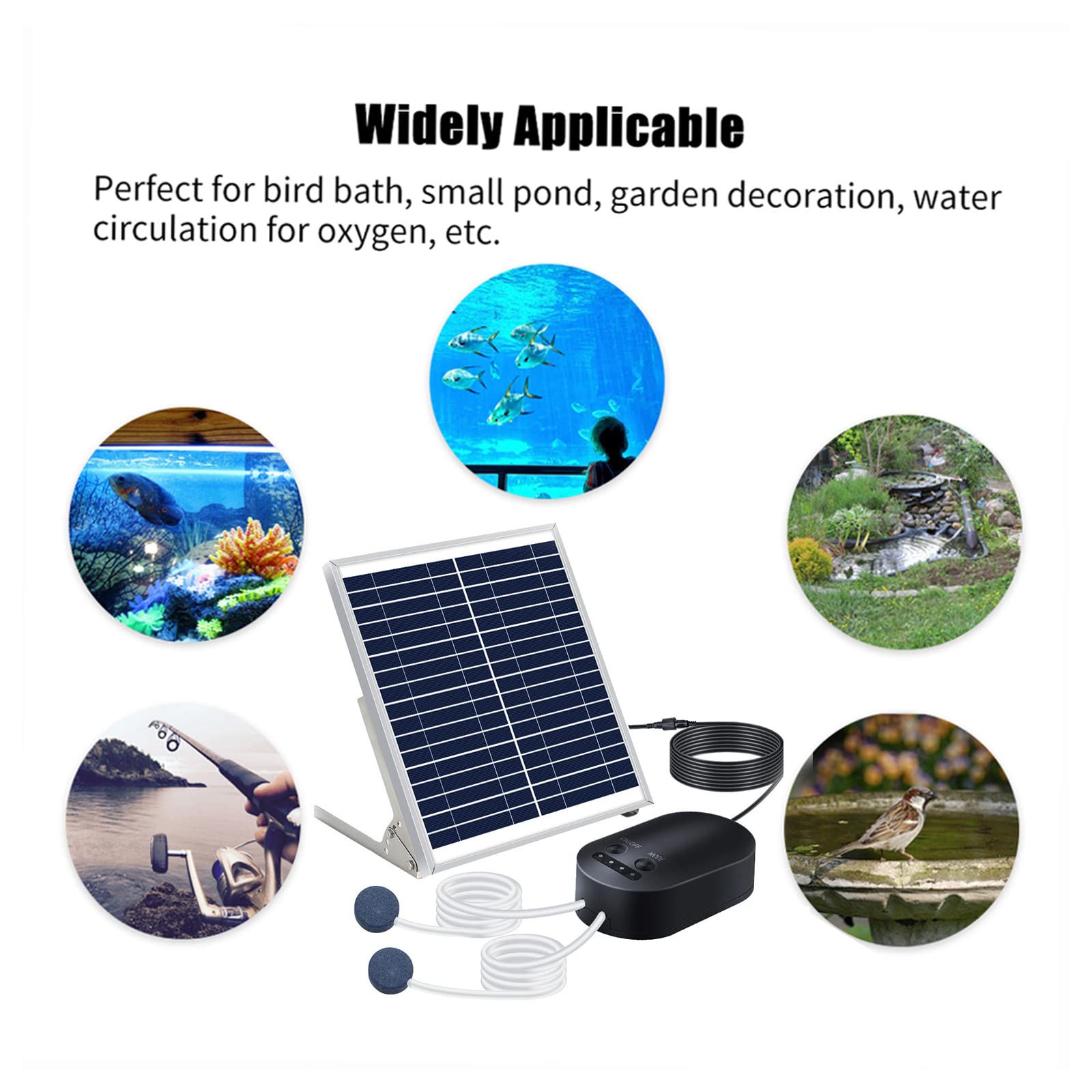 Pompa di ossigeno solare da 10 W con tubo Air Stone Staffa per acquario Ossigenatore 3 modalità regolabili Aeratore di ossigeno per piccoli stagni Pesca di emergenza Bagno per uccelli