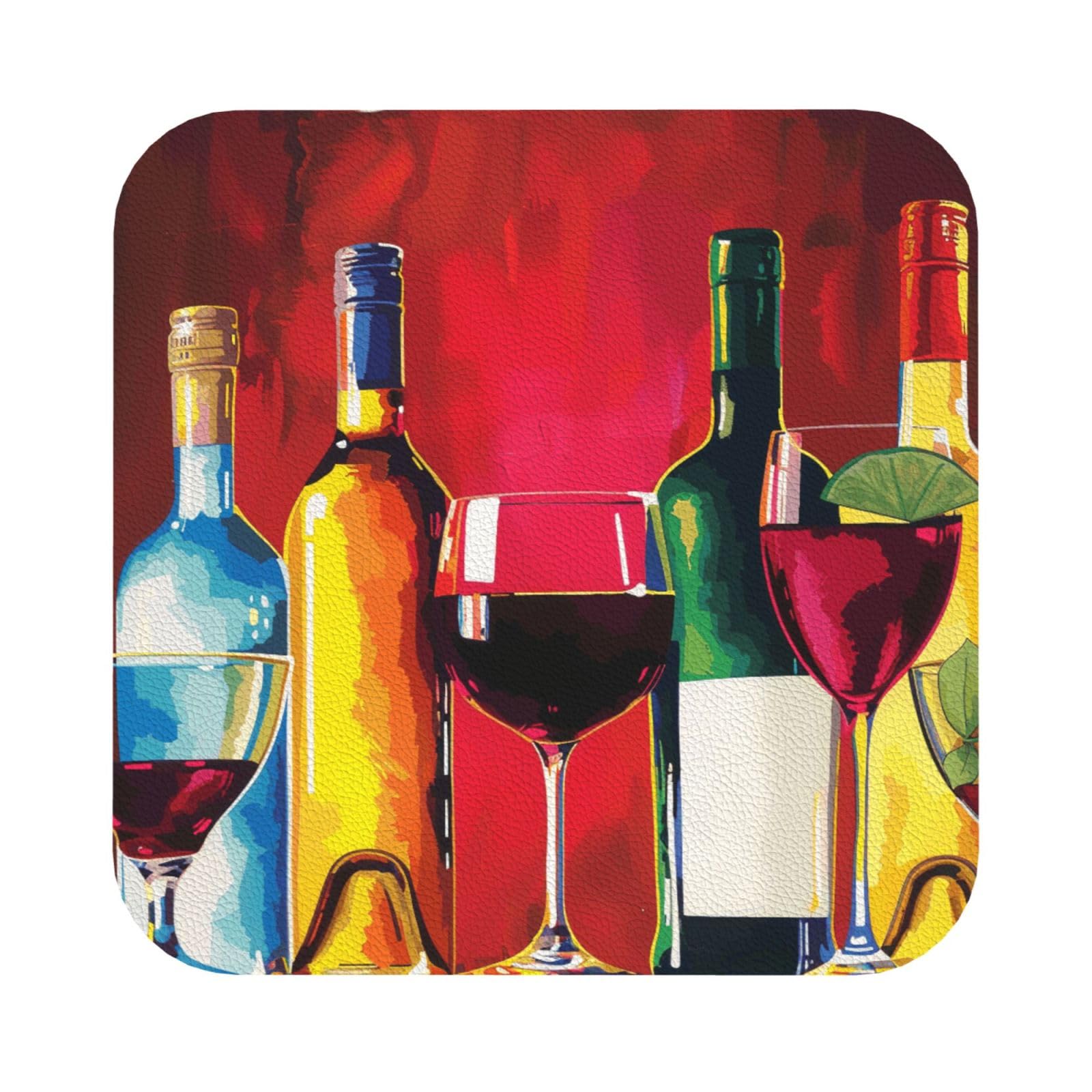 Cocktail Glasses and Wine Bottles Print Leather Coaster Set of 6, Square Coasters Table Decorative Coffee Cup Beverage Coasters Wine Beer Bar Coasters for Hot Drinks Table Protection