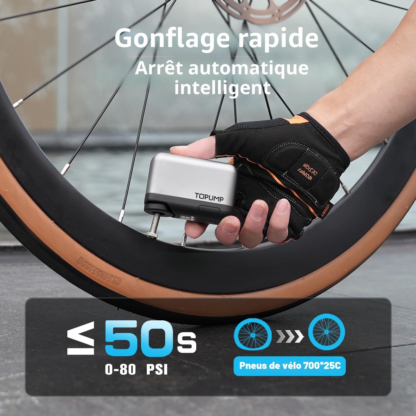 TOPUMP Mini Pompe vélo électrique, Ultra Petite Pompe à Batterie 120PSI avec Manomètre pour Vélo de Course, VTT et Ville - Valve Presta et Schrader, Arrêt Automatique