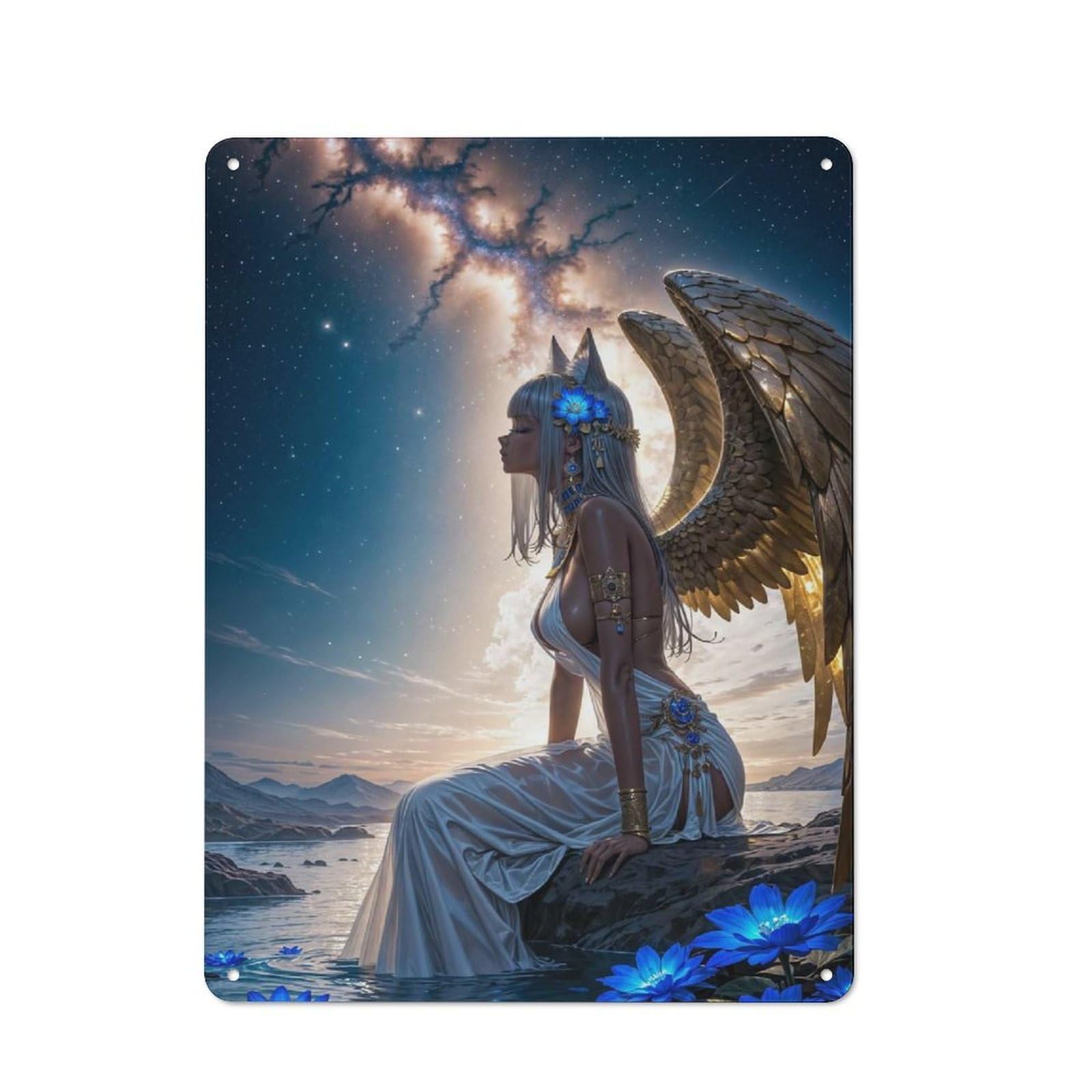 Industrial Tin Wall Sign 40x30cm Featuring Cosmic Angel, Urban Room Decor for Workspace, Cafe, Hallway Or Garage