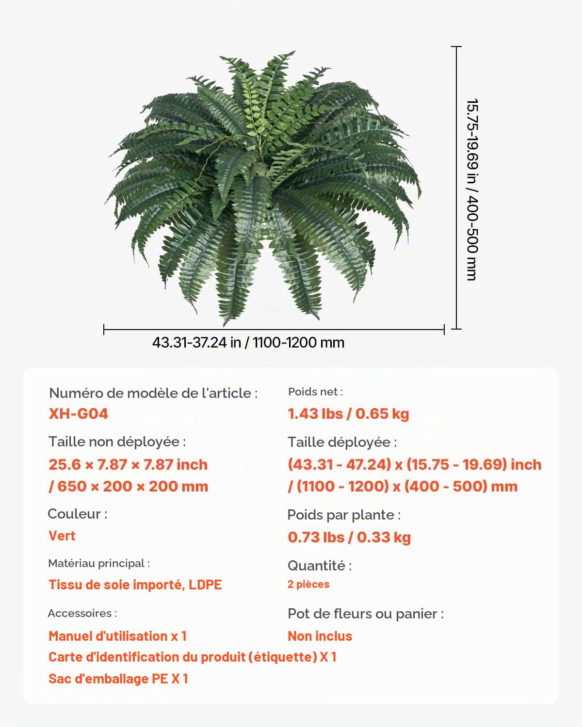 VEVOR Fougère Artificielle, Lot de 2, Fausse Fougère de Boston 110-120 cm, Plante Artificielle Suspendue avec 50 Feuilles, pour Décoration Intérieur Extérieur, Maison, Bureau, Pot de Fleurs Non Inclus