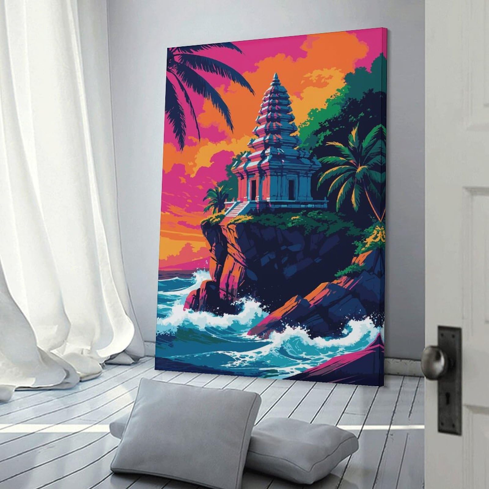 Junmoney Tropical Temple on Cliffside Art Hanging Wall Art, 20x30inch(50x75cm), for Bedroom, Guest Room Or Reading Nook, Home Artwork with A Soft Interior Feel