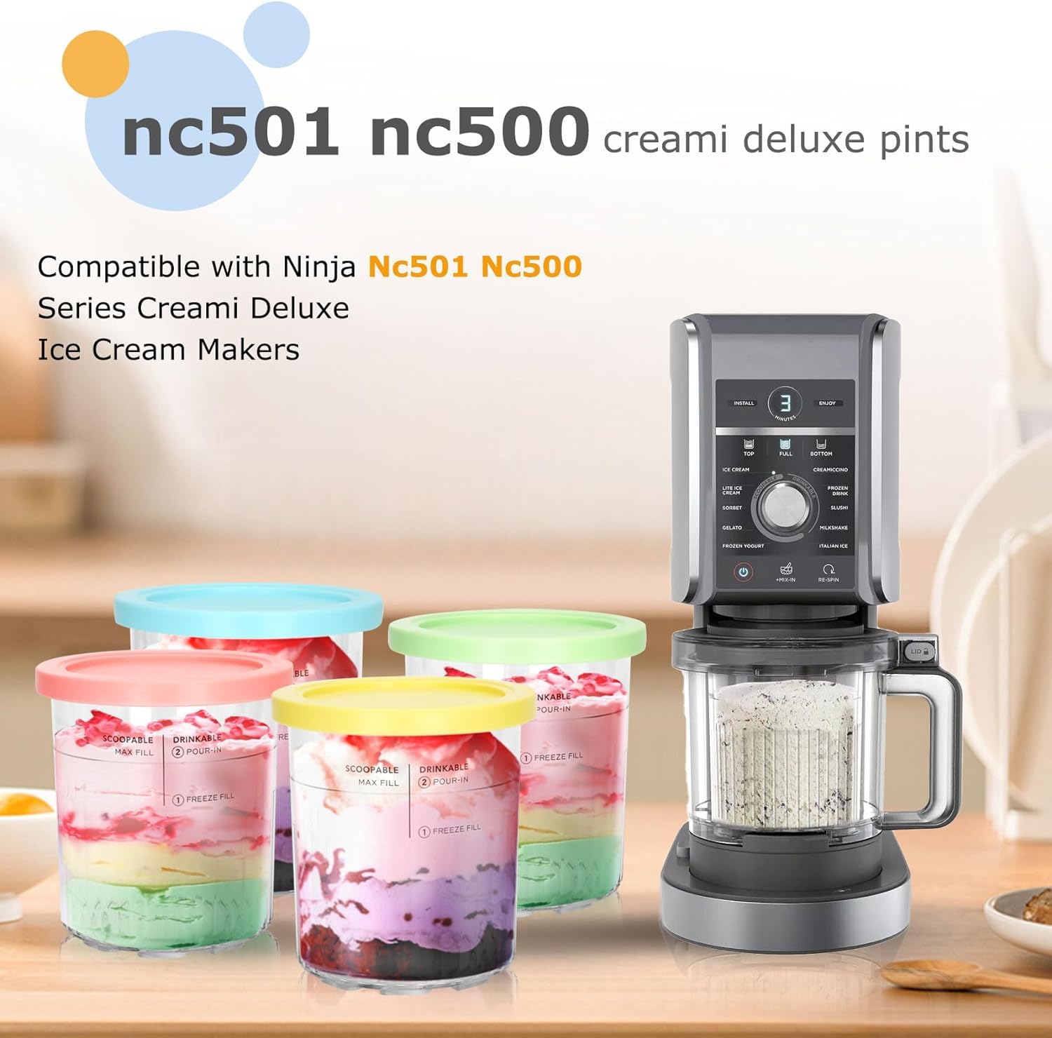 Lot de 4 récipients de rechange Creami pour ninja Creami Deluxe Pint 680 ml NC501, compatible avec la machine à crème glacée Ninja NC501 NC500 de la série Creami Luxe, avec un bac à glace anti-fuite