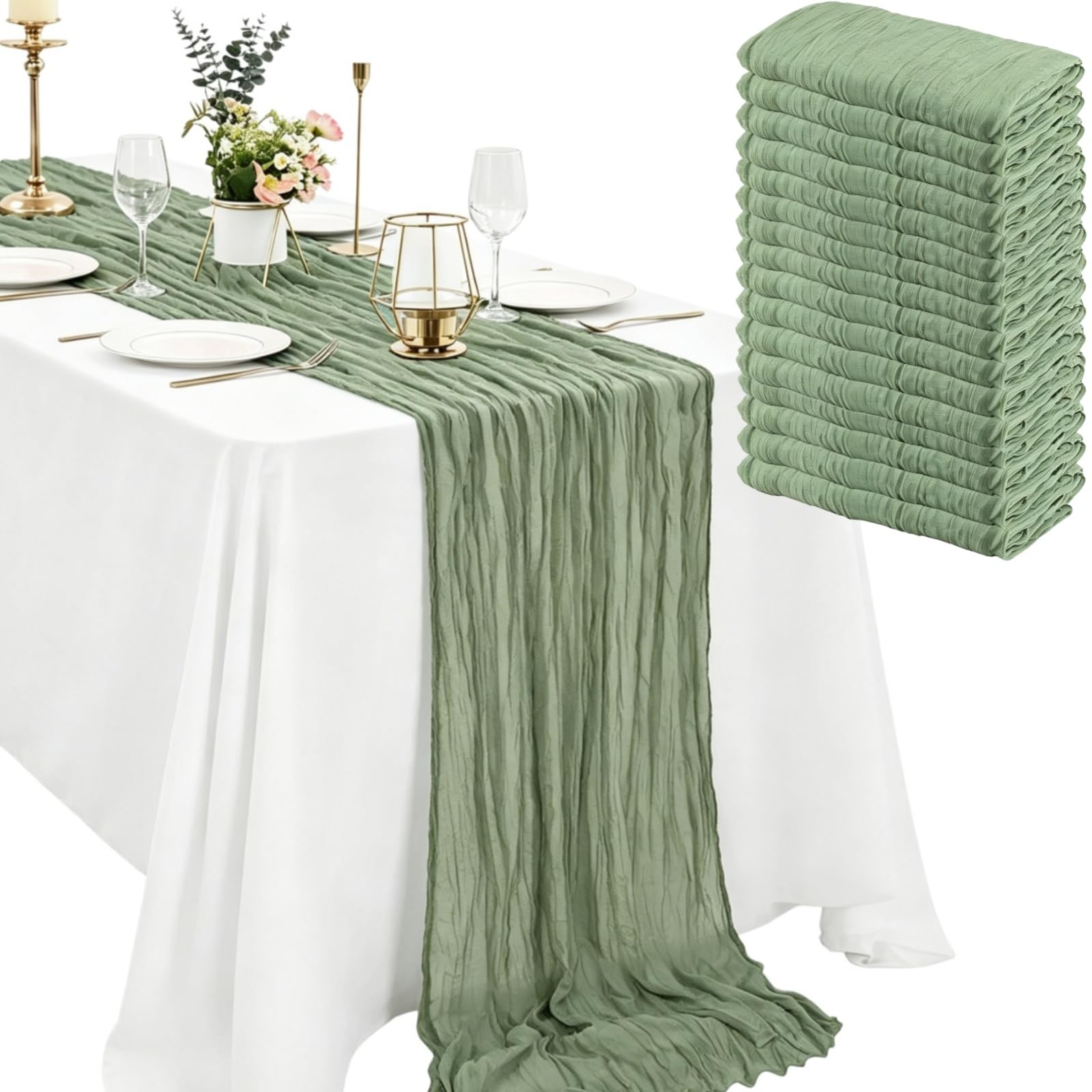 View 1 of 16 Pack Sage Green Cheesecloth Table Runner 10FT Boho Gauze Cheese Cloth Table Runner Long Rustic Sheer Table Runners for Wedding Bridal Baby Shower Birthday Party Table Decorations