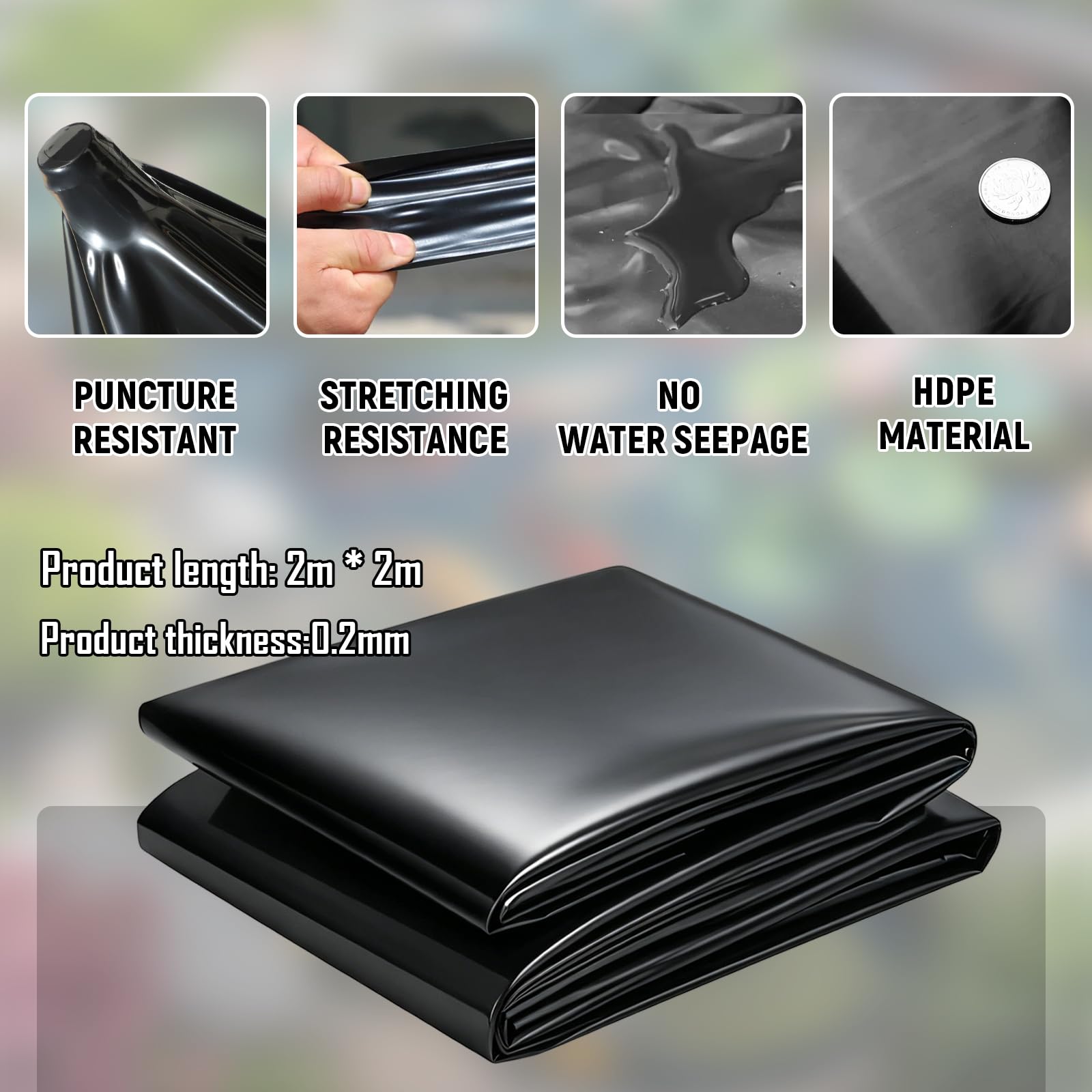 Teichfolie 2x2m, HDPE, 0.2mm Stärke, Schwarz | Wasserdicht, UV-beständig, Flexibel, Faltbar, Für Gartenteich & Aquakultur