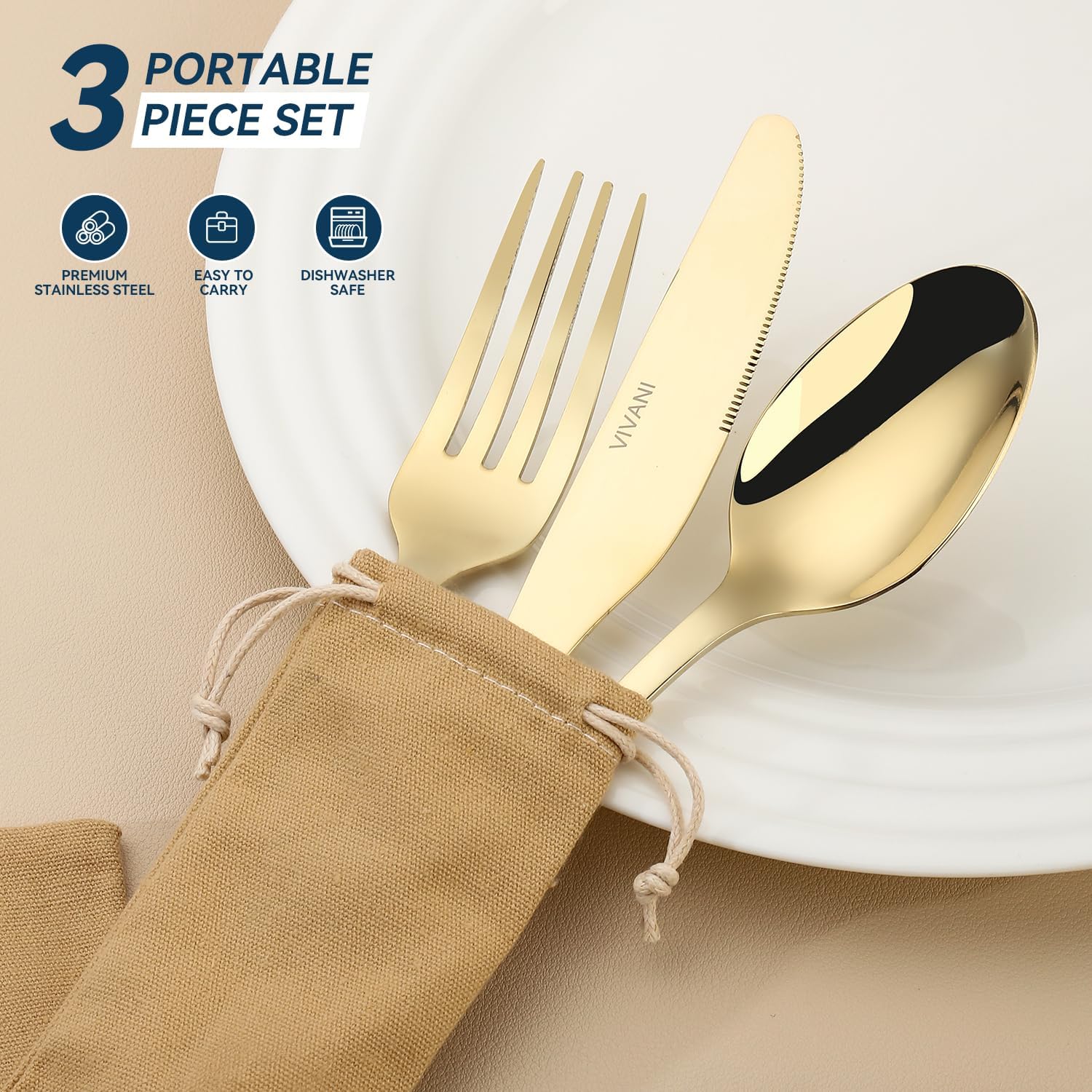VIVANI 3-Piece Portable Silverware with Pouch, Champagne Travel Flatware | Rust-resistant 18/0 stainless steel, dishwasher safe with ergonomic handle. Ideal for office lunch, school, and camping.