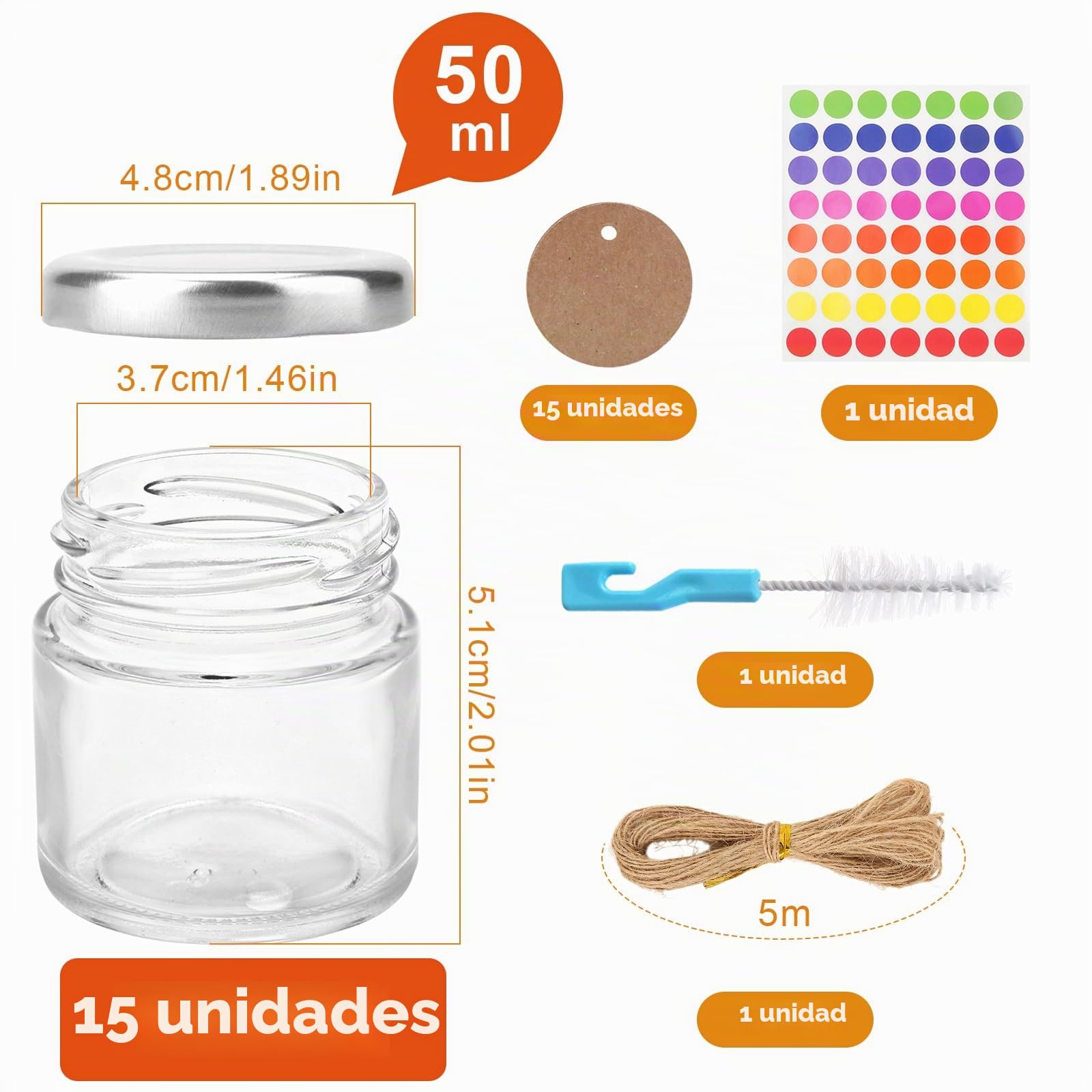 Mssushi 15 Tarros Pequeños De Cristal,Botes Cristal Pequeños,50ml Mini Botella De Vidrio Con Etiquetas Y Cuerda, Cepillo De Limpieza,Pegatina,Para Regalos De Boda,Especias,Hierbas,Mermeladas