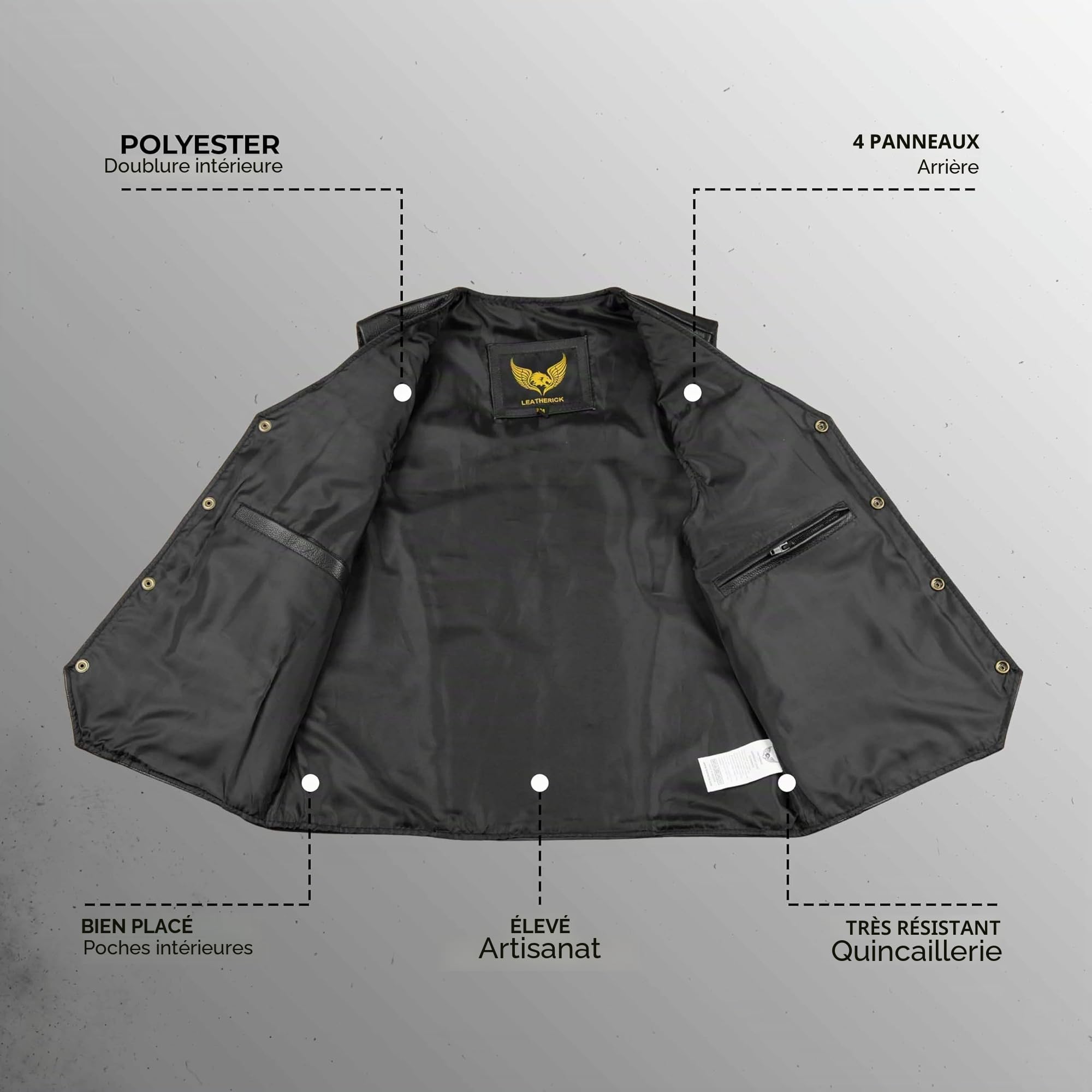 Leatherick Gilet en cuir véritable pour hommes de, noir - Style motard Mode décontractée