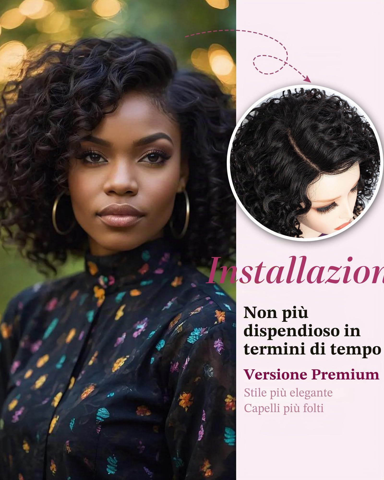 FASHION IDOL Parrucche corte di capelli umani ricci per donne che indossano e andano Deep Wave pizzo anteriore parrucca C parte 12" parrucca Pre spennato con capelli del bambino nero naturale densità