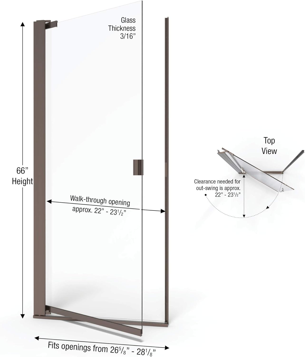 Basco Armon 26.625 to 28.125 in. width, Semi-Frameless Pivot Shower Door, AquaglideXP Clear Glass, Oil Rubbed Bronze Finish
